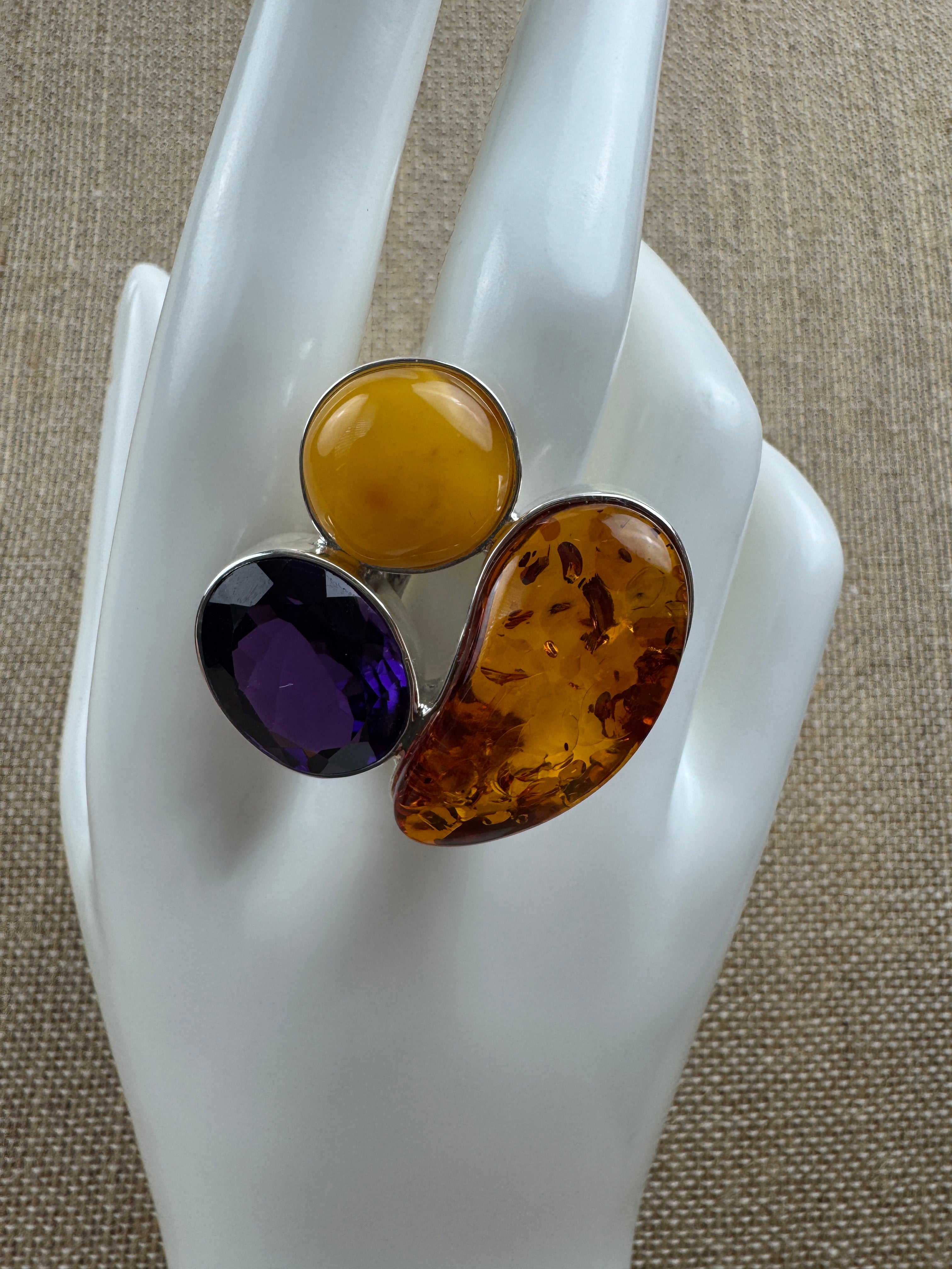 Handmade Sterling Silver Baltic Amber & Amethyst Ring | Cognac, Butterscotch & Honey Amber | Adjustable Open Shank | Matching Set
