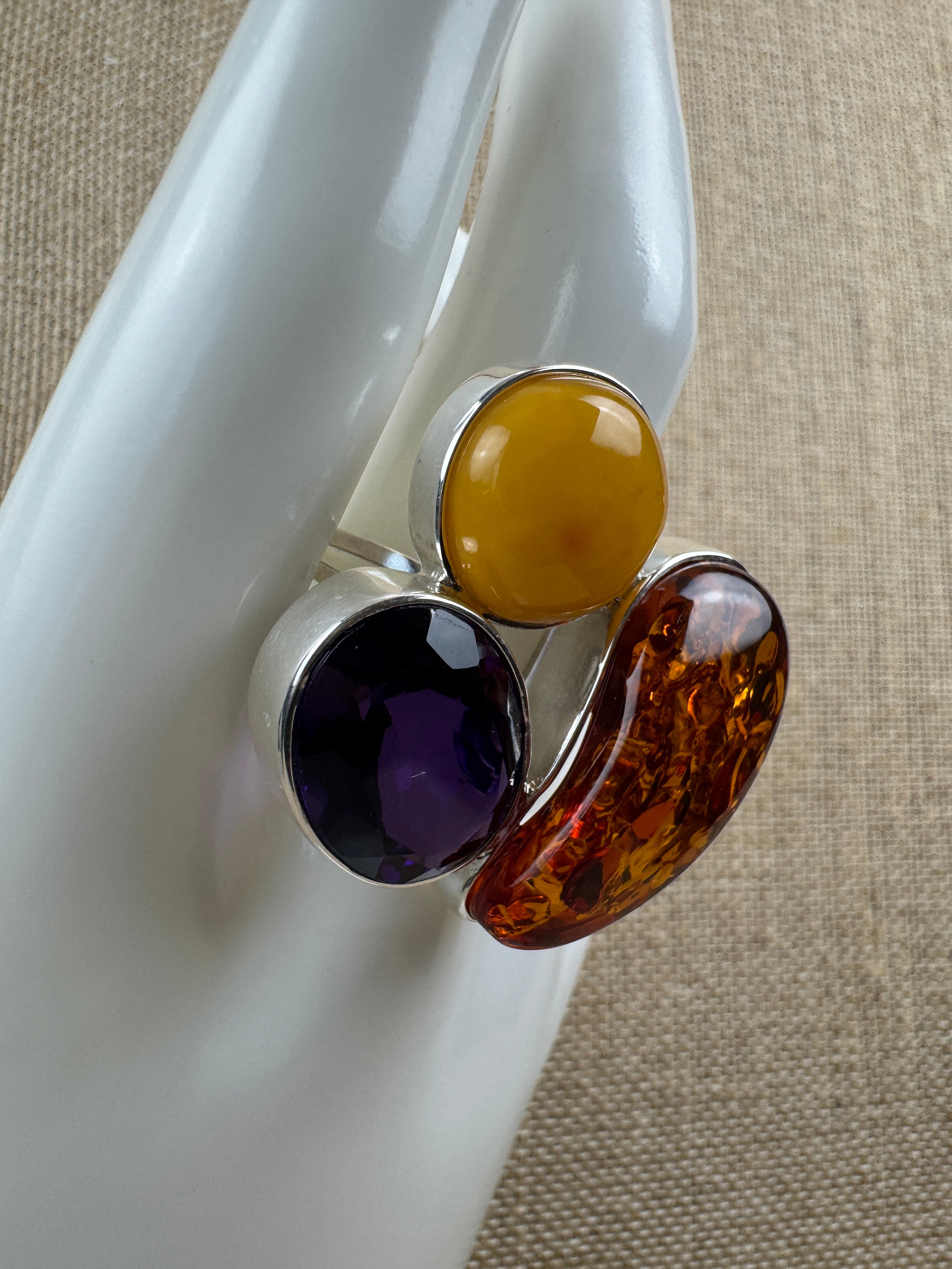 Handmade Sterling Silver Baltic Amber & Amethyst Ring | Cognac, Butterscotch & Honey Amber | Adjustable Open Shank | Matching Set