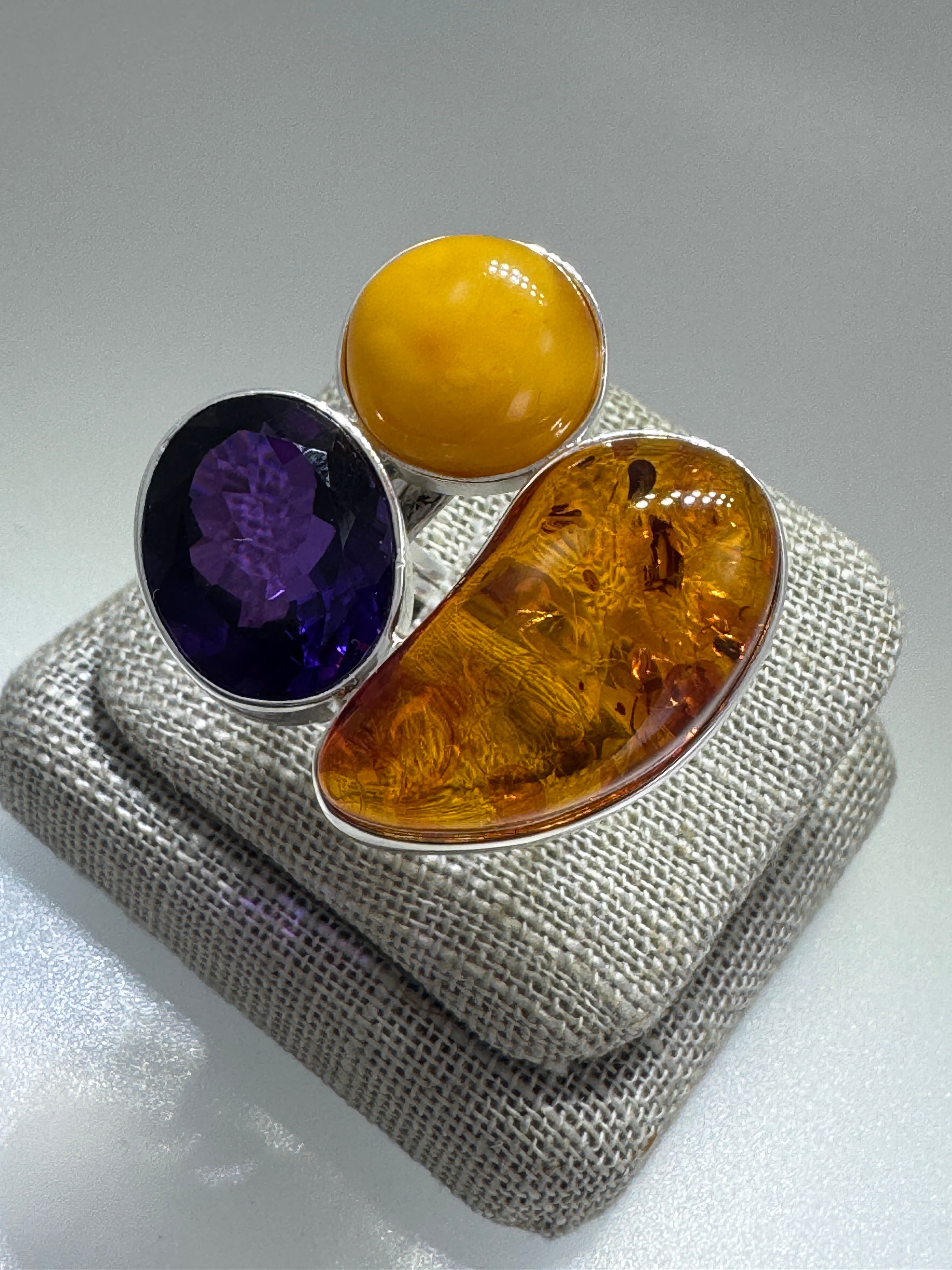 Handmade Sterling Silver Baltic Amber & Amethyst Ring | Cognac, Butterscotch & Honey Amber | Adjustable Open Shank | Matching Set