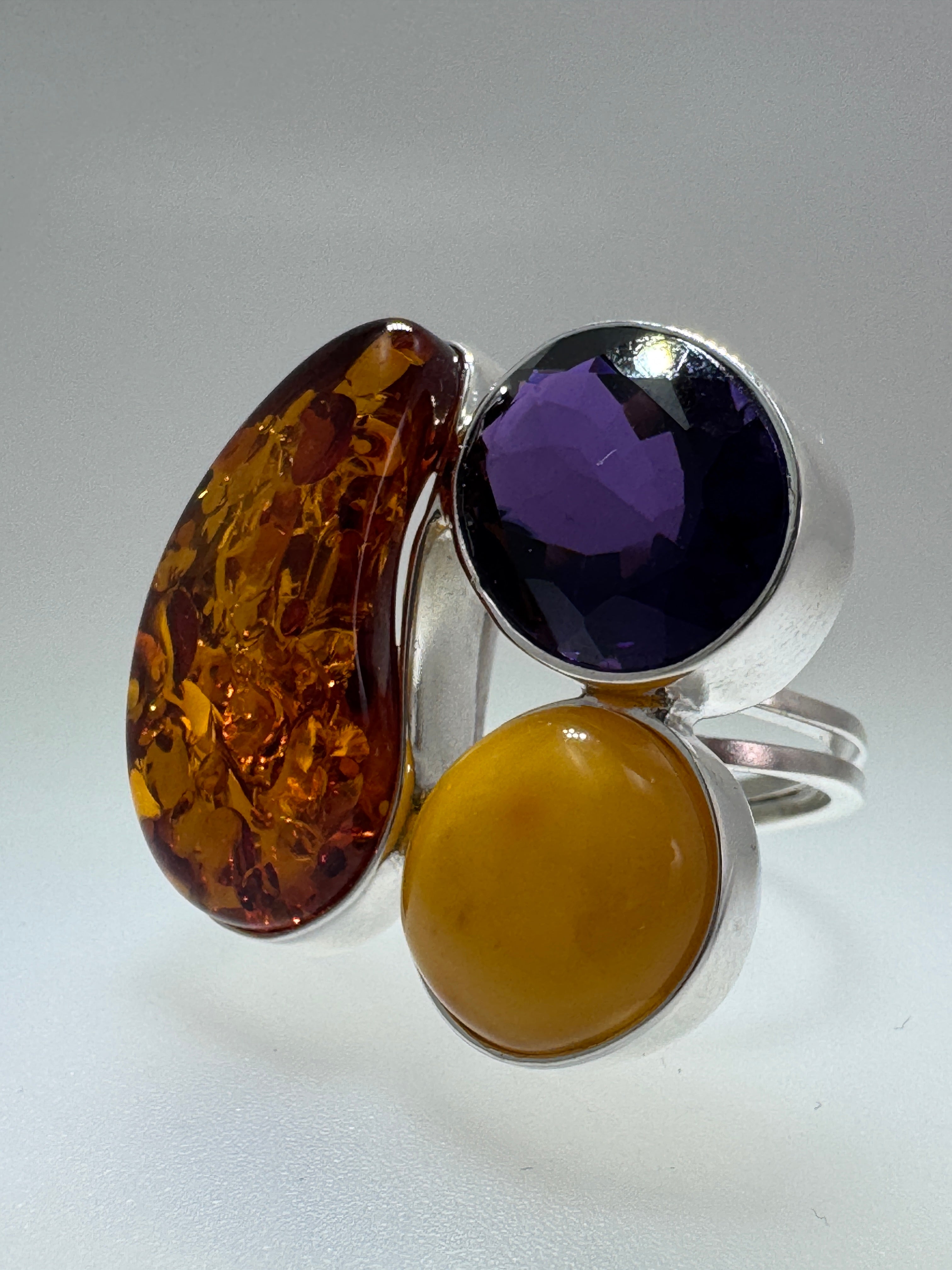 Handmade Sterling Silver Baltic Amber & Amethyst Ring | Cognac, Butterscotch & Honey Amber | Adjustable Open Shank | Matching Set