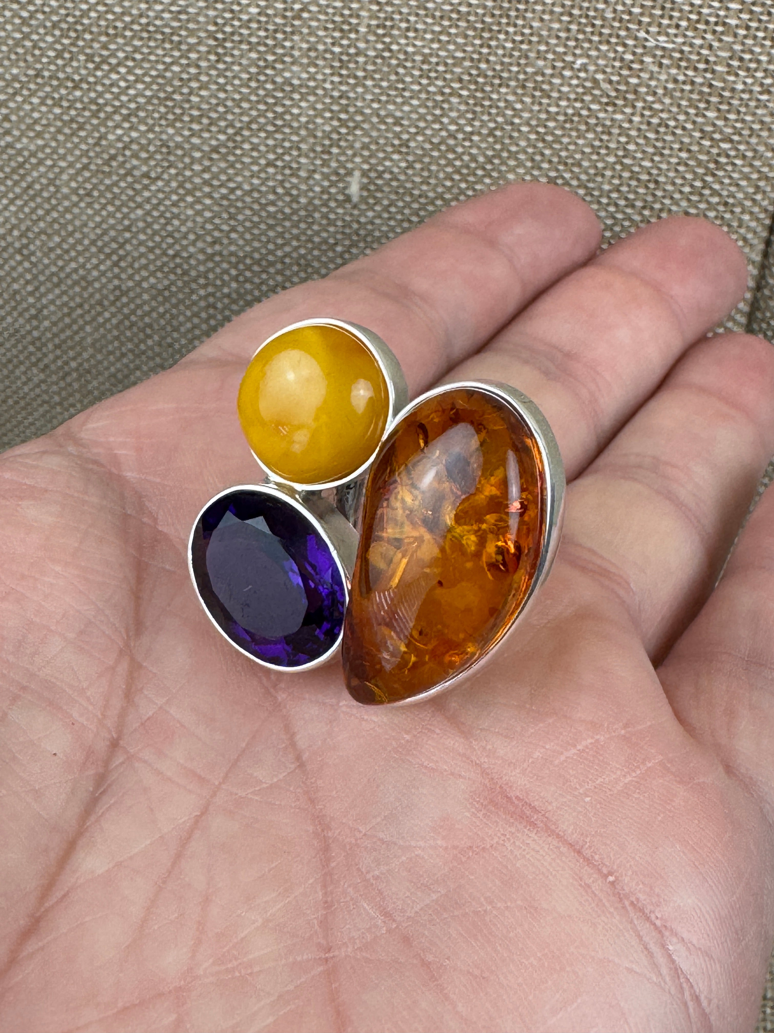 Handmade Sterling Silver Baltic Amber & Amethyst Ring | Cognac, Butterscotch & Honey Amber | Adjustable Open Shank | Matching Set