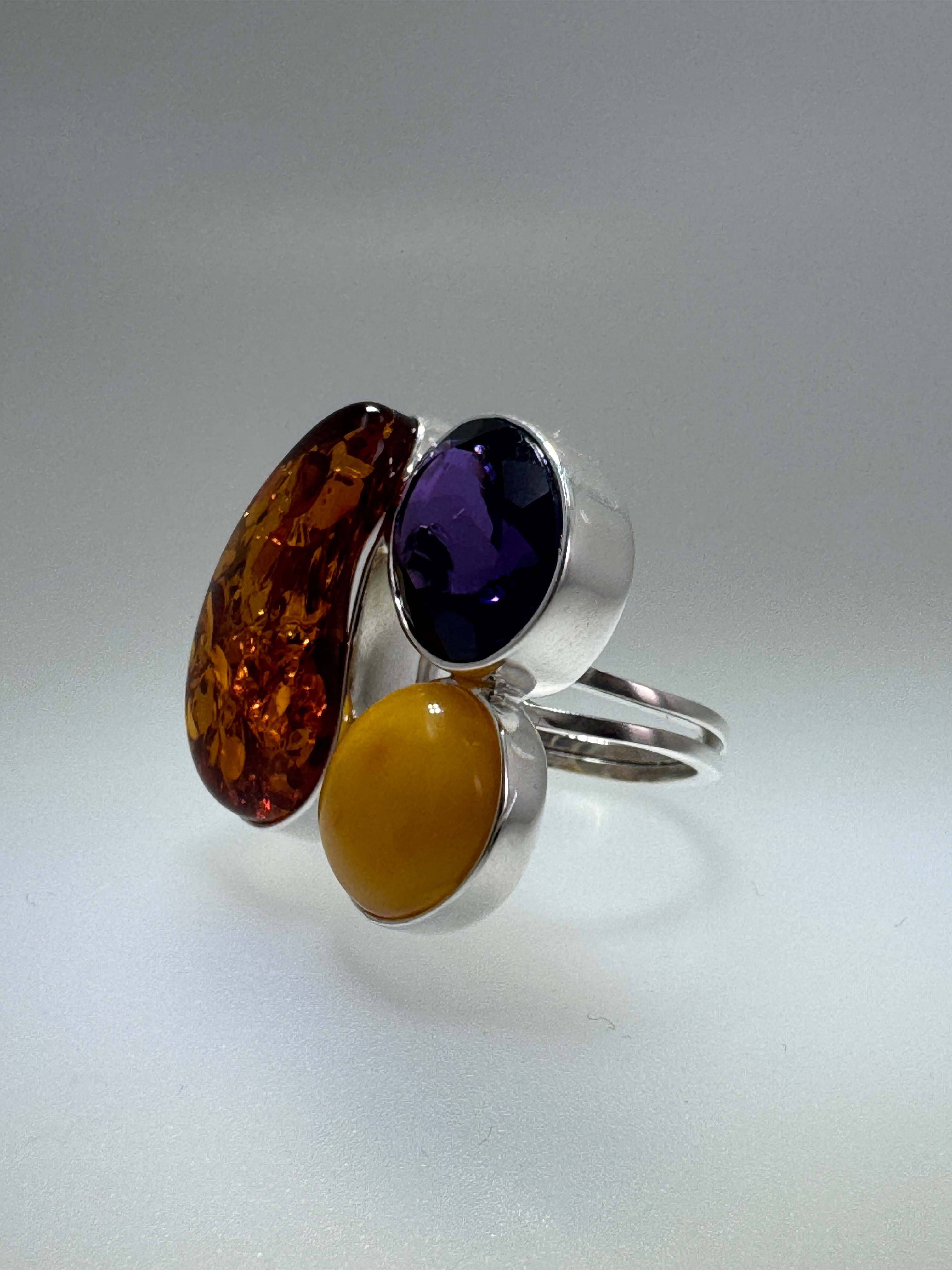 Handmade Sterling Silver Baltic Amber & Amethyst Ring | Cognac, Butterscotch & Honey Amber | Adjustable Open Shank | Matching Set