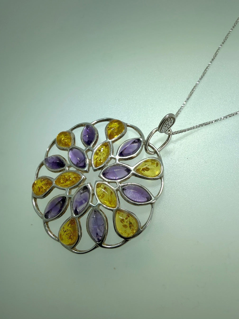 Handmade Sterling Silver Baltic Amber & Gemstone Round Pendant – Honey, Lemon Amber, Turquoise or Amethyst – Statement Jewelry Necklace