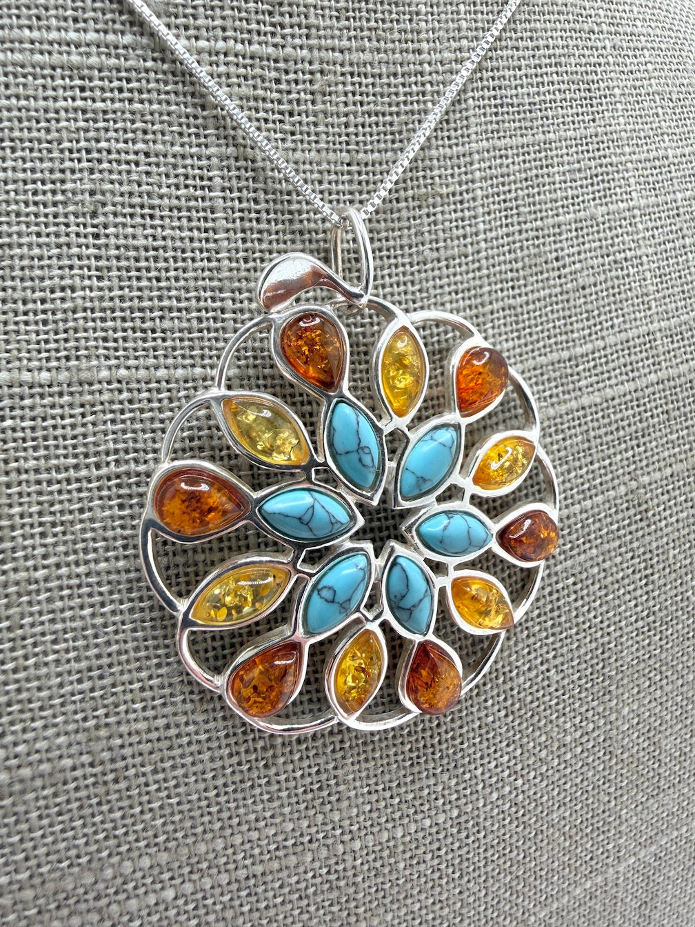 Handmade Sterling Silver Baltic Amber & Gemstone Round Pendant – Honey, Lemon Amber, Turquoise or Amethyst – Statement Jewelry Necklace