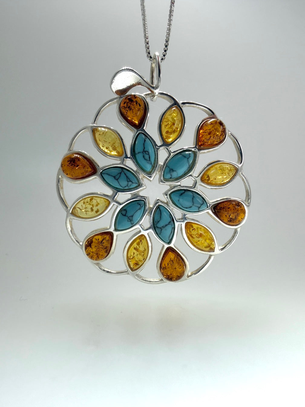 Handmade Sterling Silver Baltic Amber & Gemstone Round Pendant – Honey, Lemon Amber, Turquoise or Amethyst – Statement Jewelry Necklace
