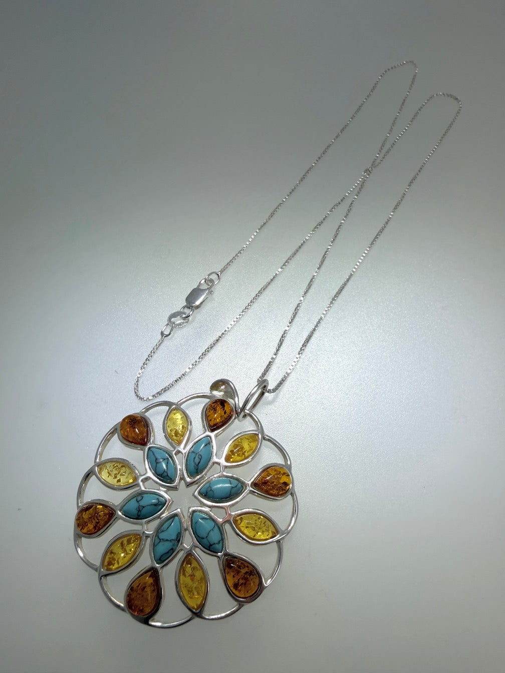 Handmade Sterling Silver Baltic Amber & Gemstone Round Pendant – Honey, Lemon Amber, Turquoise or Amethyst – Statement Jewelry Necklace