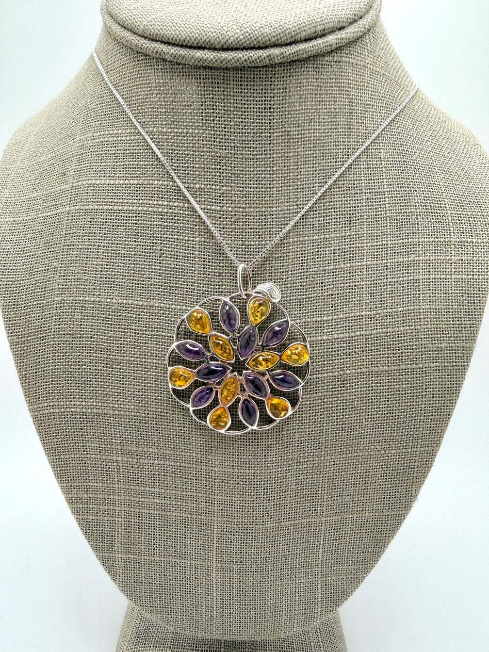 Handmade Sterling Silver Baltic Amber & Gemstone Round Pendant – Honey, Lemon Amber, Turquoise or Amethyst – Statement Jewelry Necklace