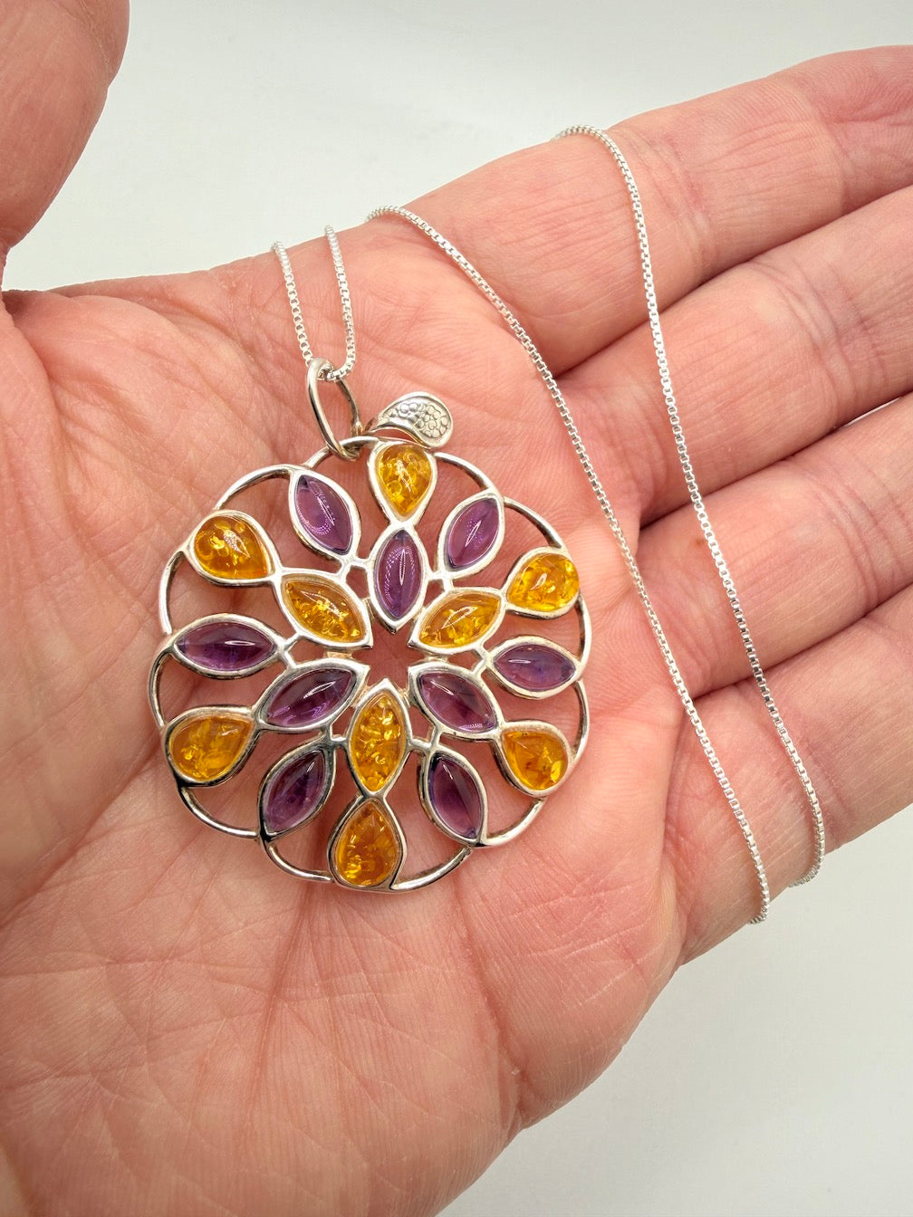 Handmade Sterling Silver Baltic Amber & Gemstone Round Pendant – Honey, Lemon Amber, Turquoise or Amethyst – Statement Jewelry Necklace