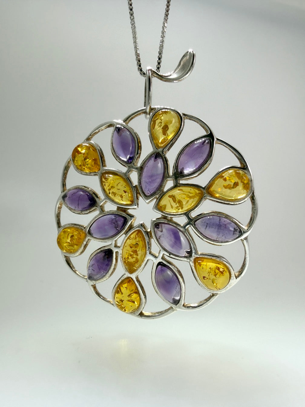 Handmade Sterling Silver Baltic Amber & Gemstone Round Pendant – Honey, Lemon Amber, Turquoise or Amethyst – Statement Jewelry Necklace