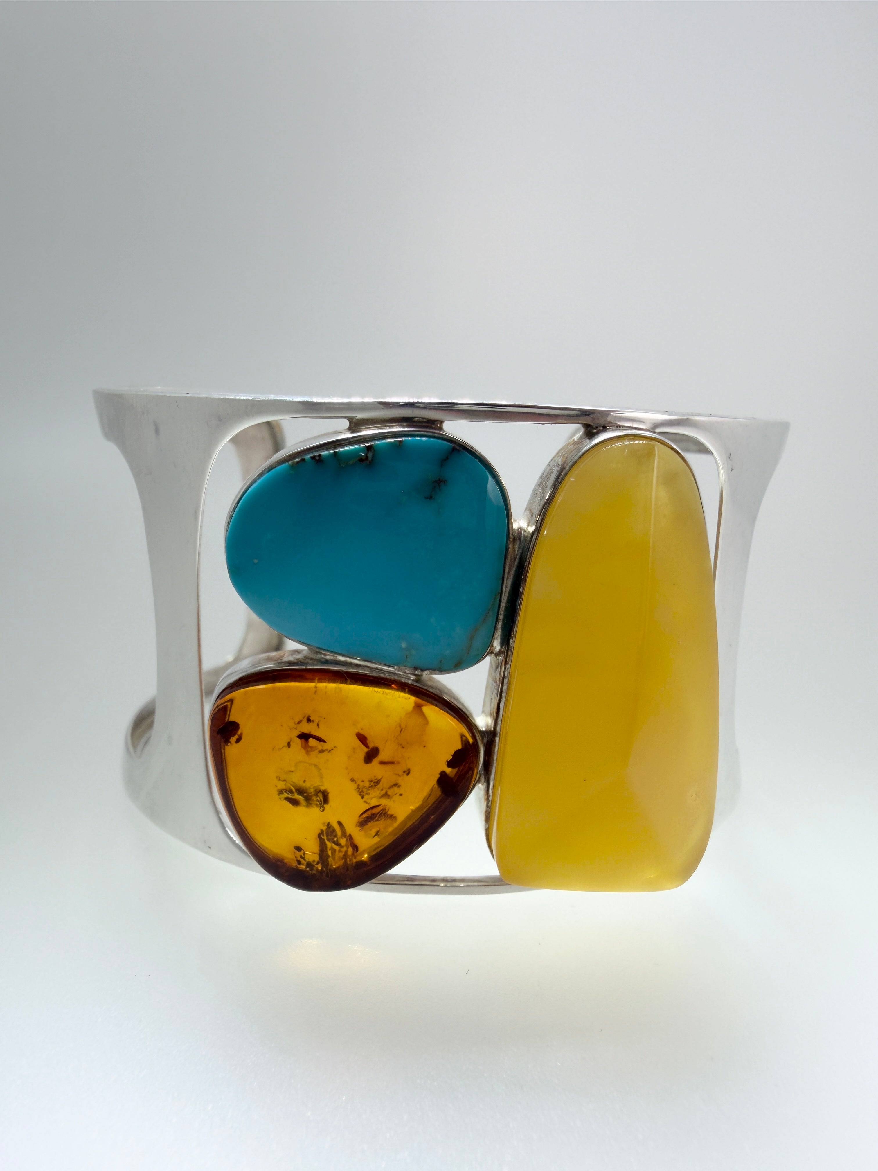 Handmade Sterling Silver Baltic Amber & Sleeping Beauty Turquoise Cuff Bracelet – Oversized Statement Butterscotch & Cognac Amber Jewelry