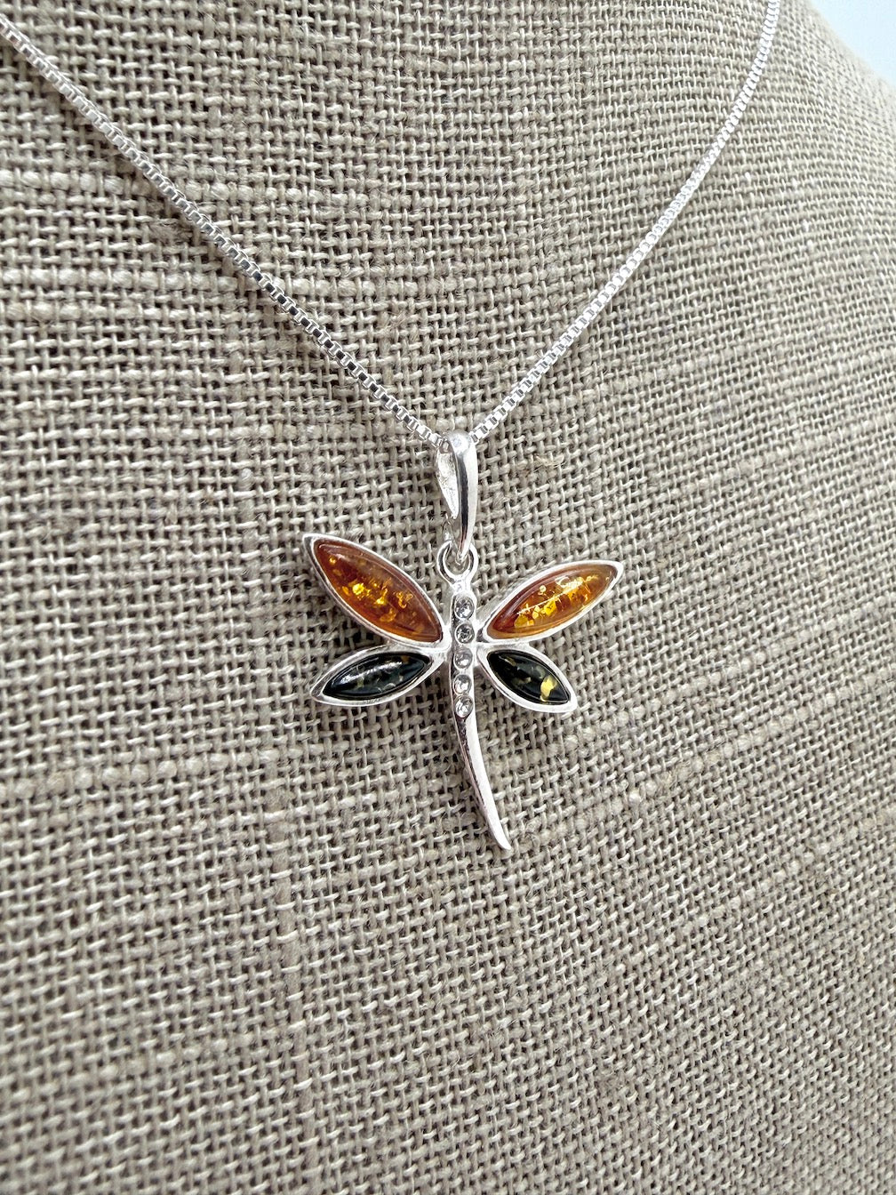 Handmade Sterling Silver Baltic Amber & Turquoise Dragonfly Pendant