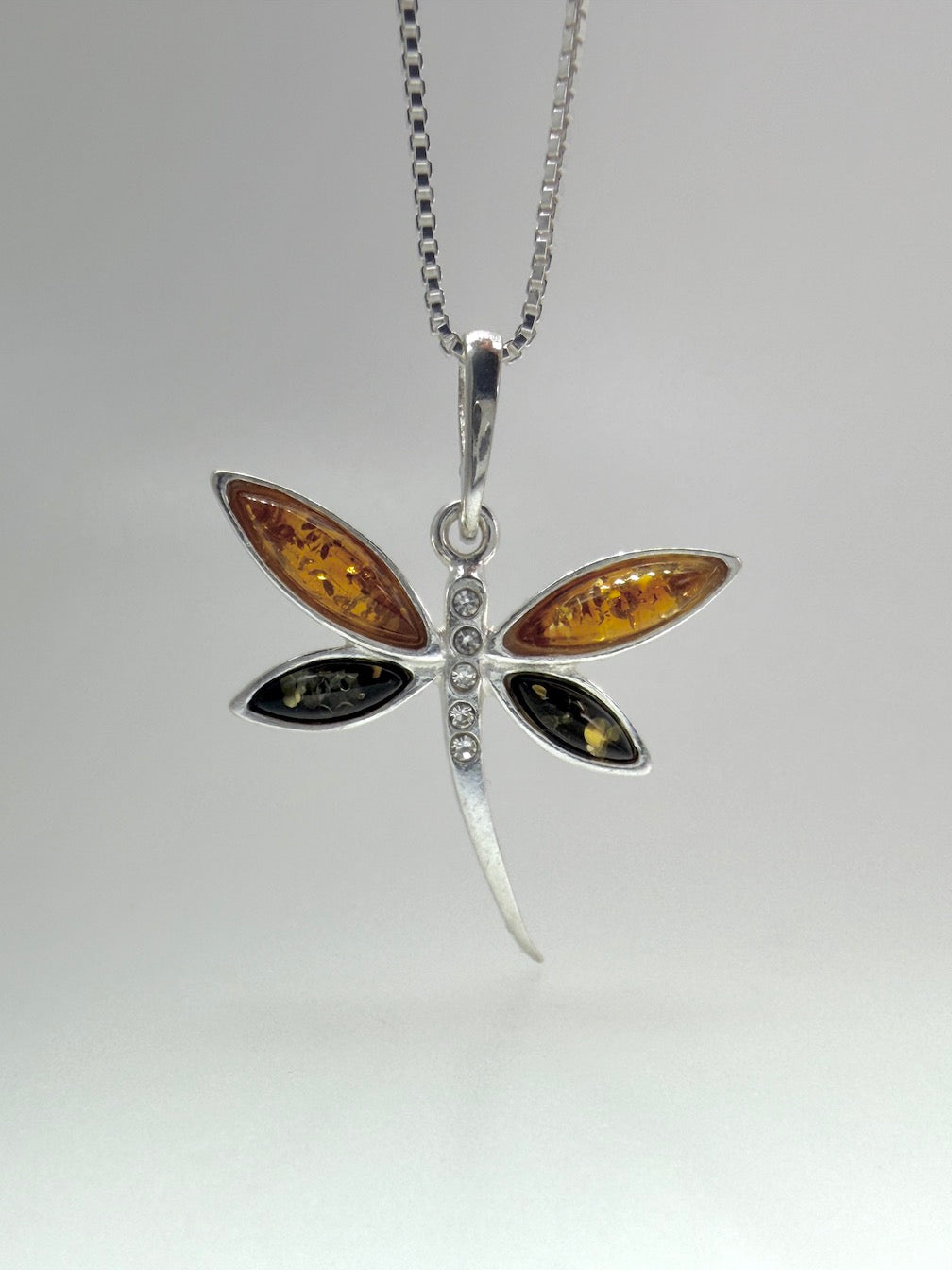 Handmade Sterling Silver Baltic Amber & Turquoise Dragonfly Pendant
