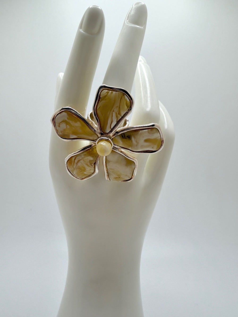 Handmade Sterling Silver Butterscotch Baltic Amber Artistic Flower Statement Ring | Adjustable Open Shank | Museum Quality Jewelry