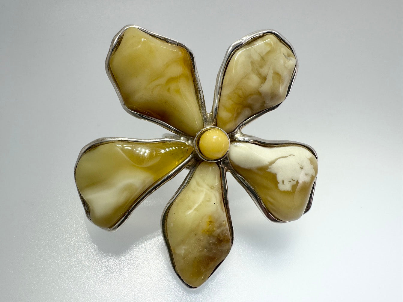 Handmade Sterling Silver Butterscotch Baltic Amber Artistic Flower Statement Ring | Adjustable Open Shank | Museum Quality Jewelry