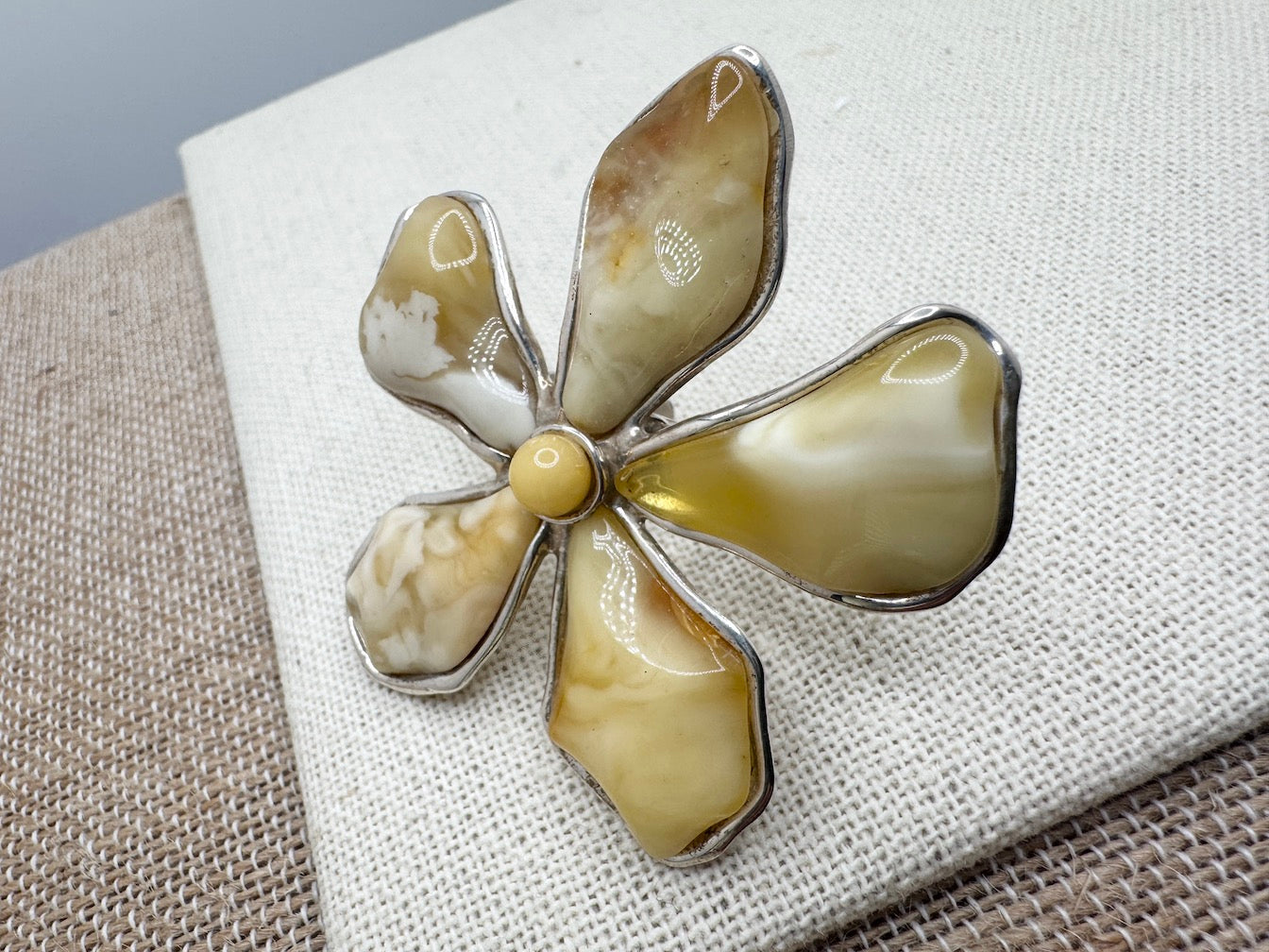 Handmade Sterling Silver Butterscotch Baltic Amber Artistic Flower Statement Ring | Adjustable Open Shank | Museum Quality Jewelry