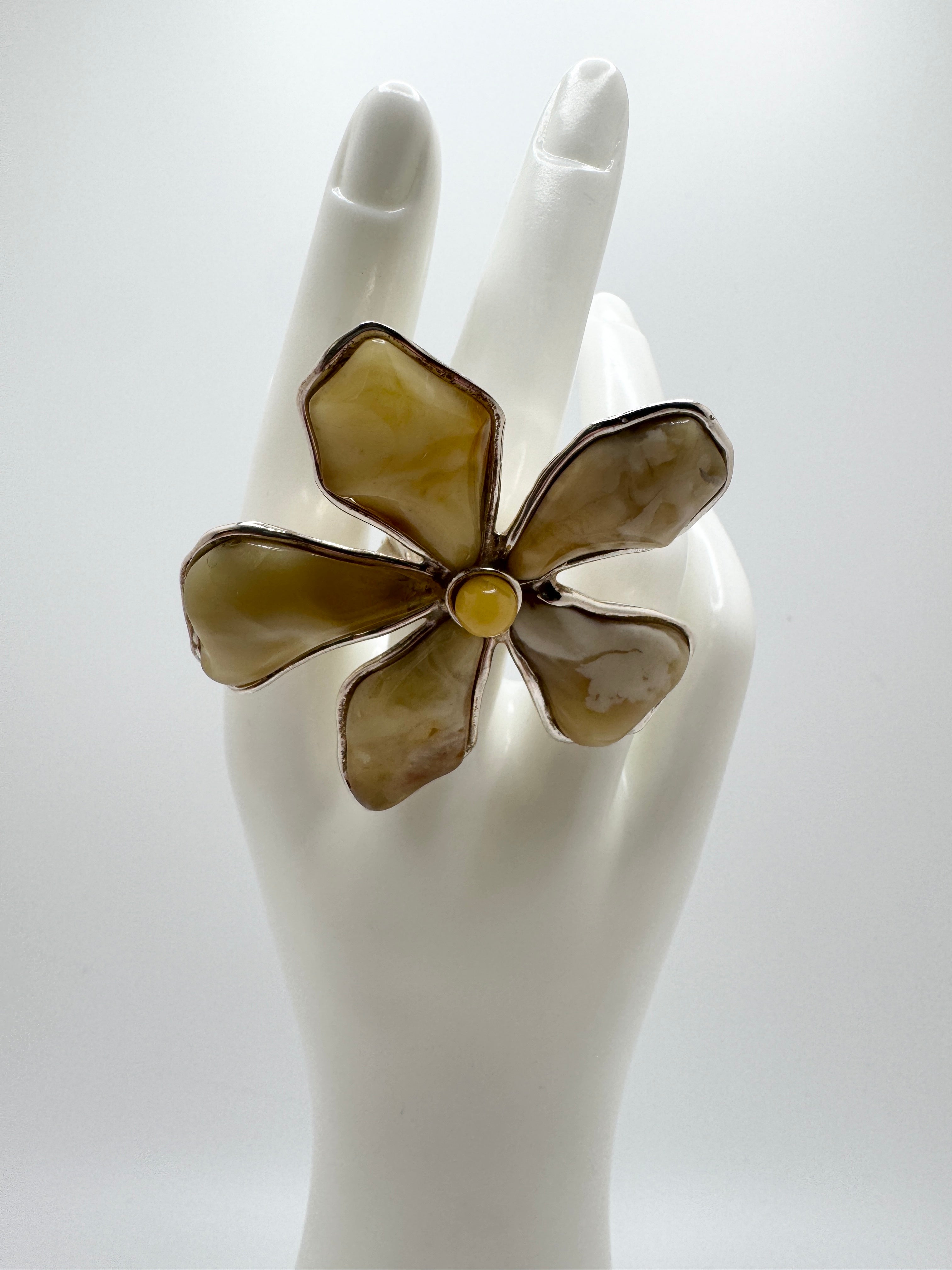 Handmade Sterling Silver Butterscotch Baltic Amber Artistic Flower Statement Ring | Adjustable Open Shank | Museum Quality Jewelry