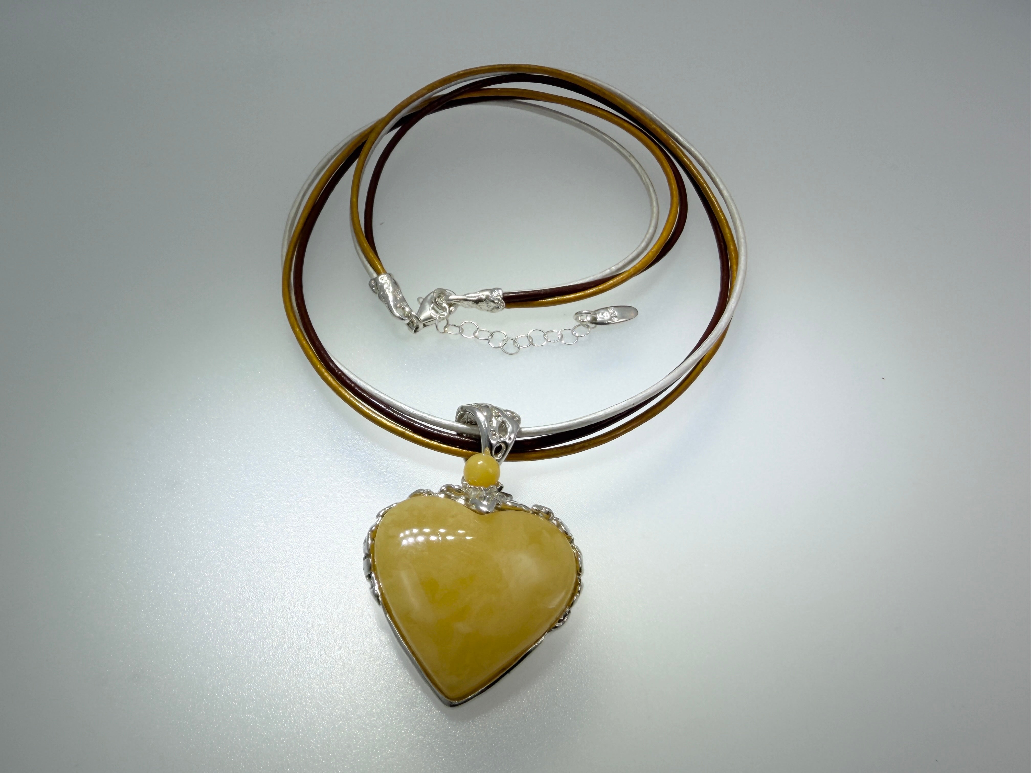 Handmade Sterling Silver Butterscotch Baltic Amber Heart Pendant on Tricolor Leather Necklace – 18” + 2” Extension
