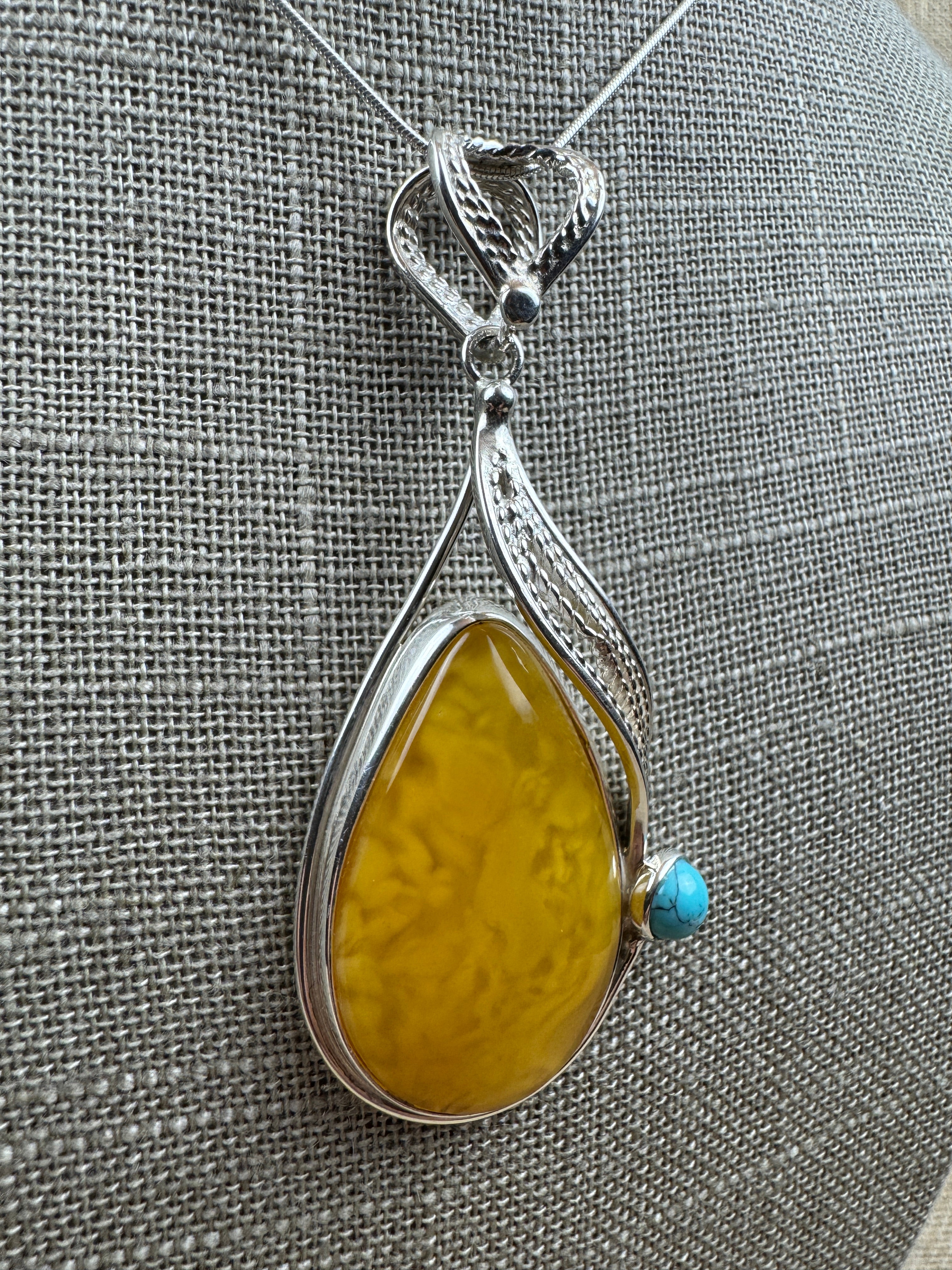 Handmade Sterling Silver Butterscotch Baltic Amber Pendant with Turquoise