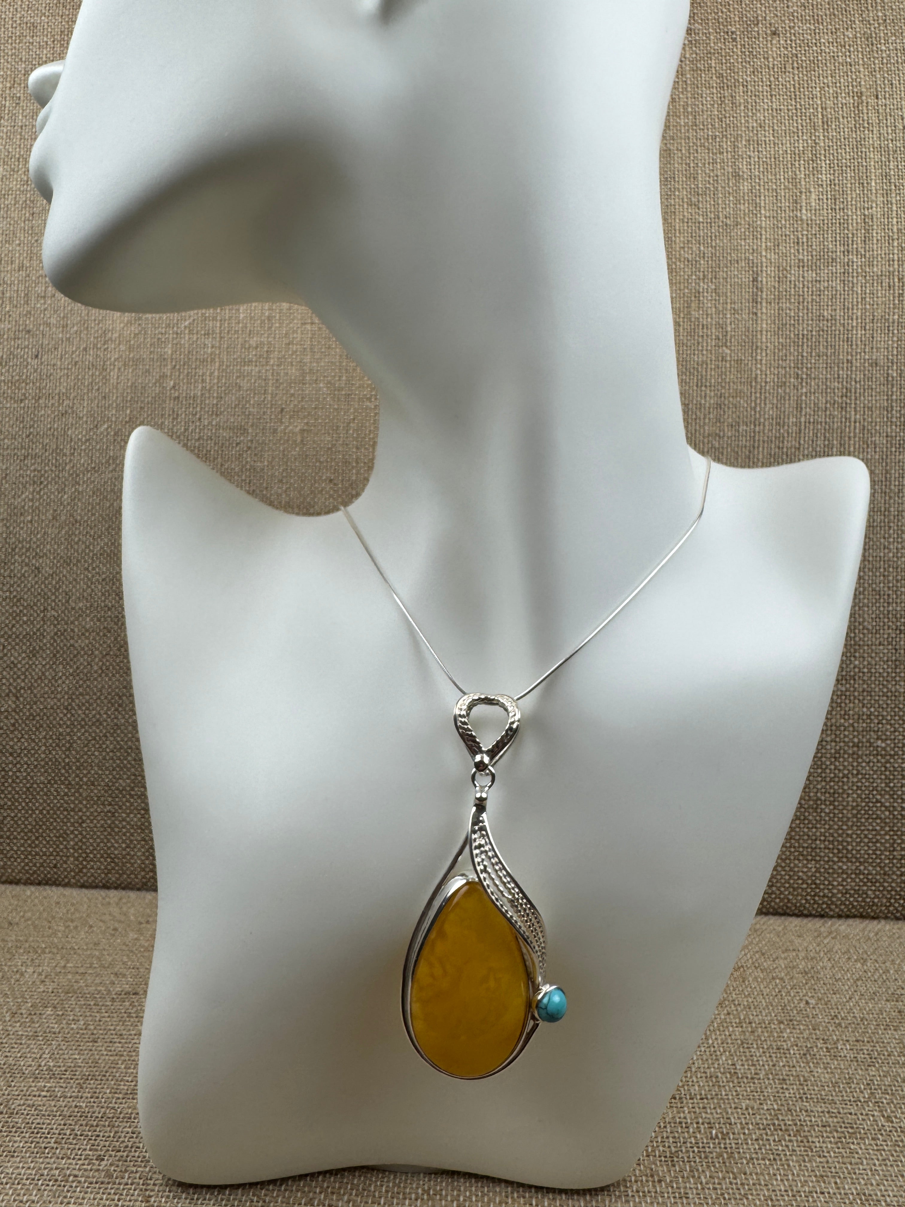 Handmade Sterling Silver Butterscotch Baltic Amber Pendant with Turquoise