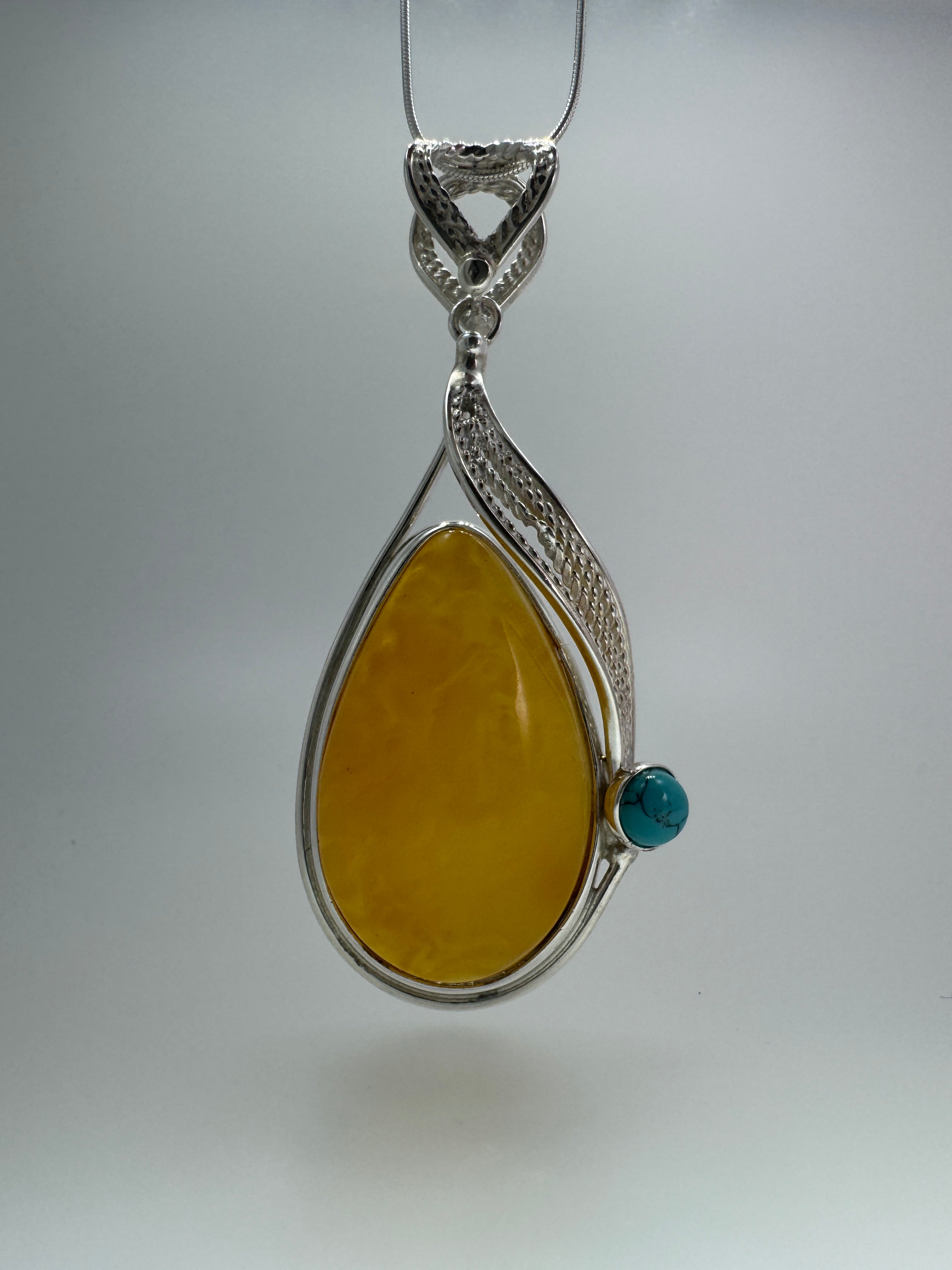 Handmade Sterling Silver Butterscotch Baltic Amber Pendant with Turquoise