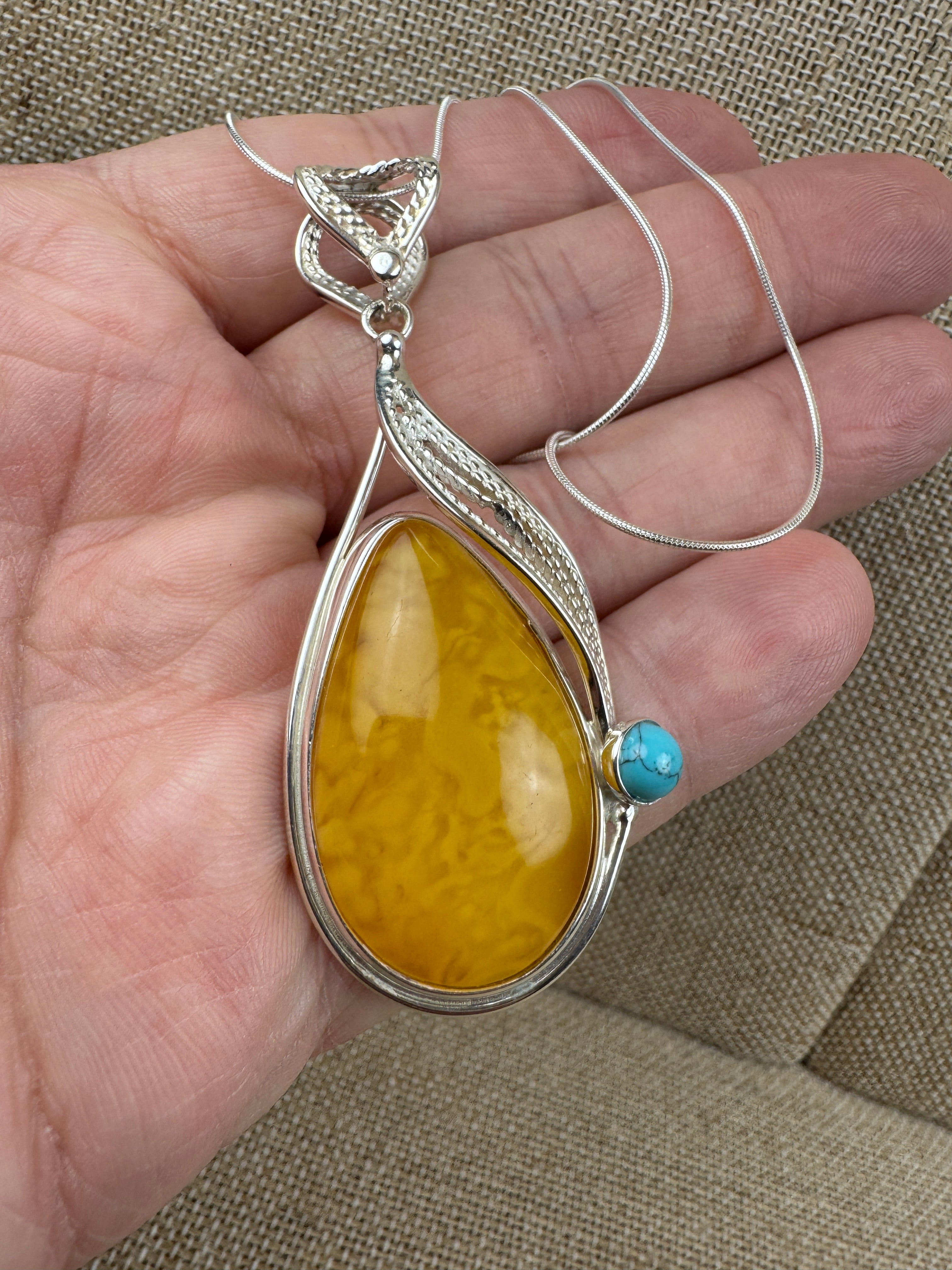 Handmade Sterling Silver Butterscotch Baltic Amber Pendant with Turquoise