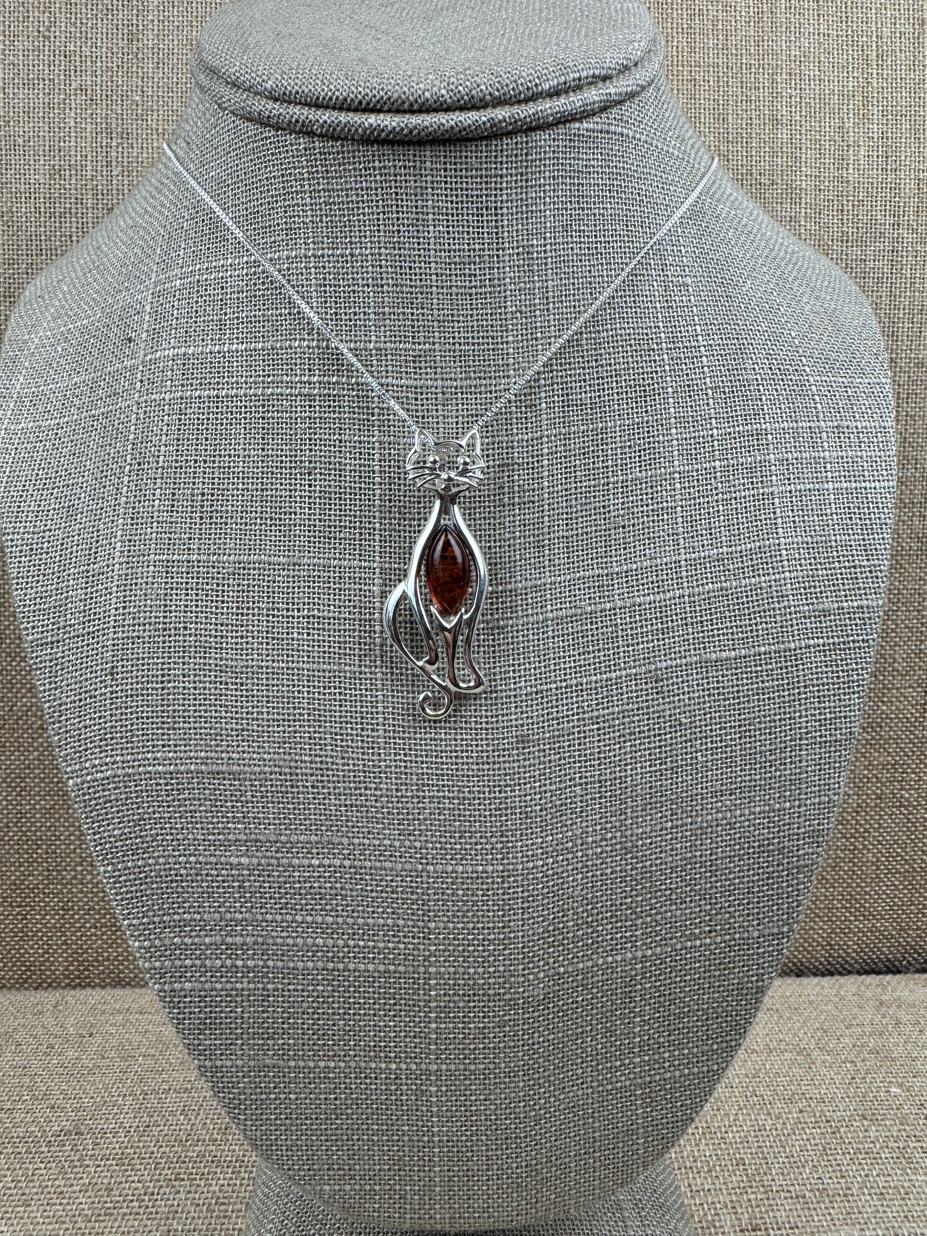 Handmade Sterling Silver Cat Pendant with Genuine Cognac Baltic Amber – Fun & Whimsical Cat Necklace
