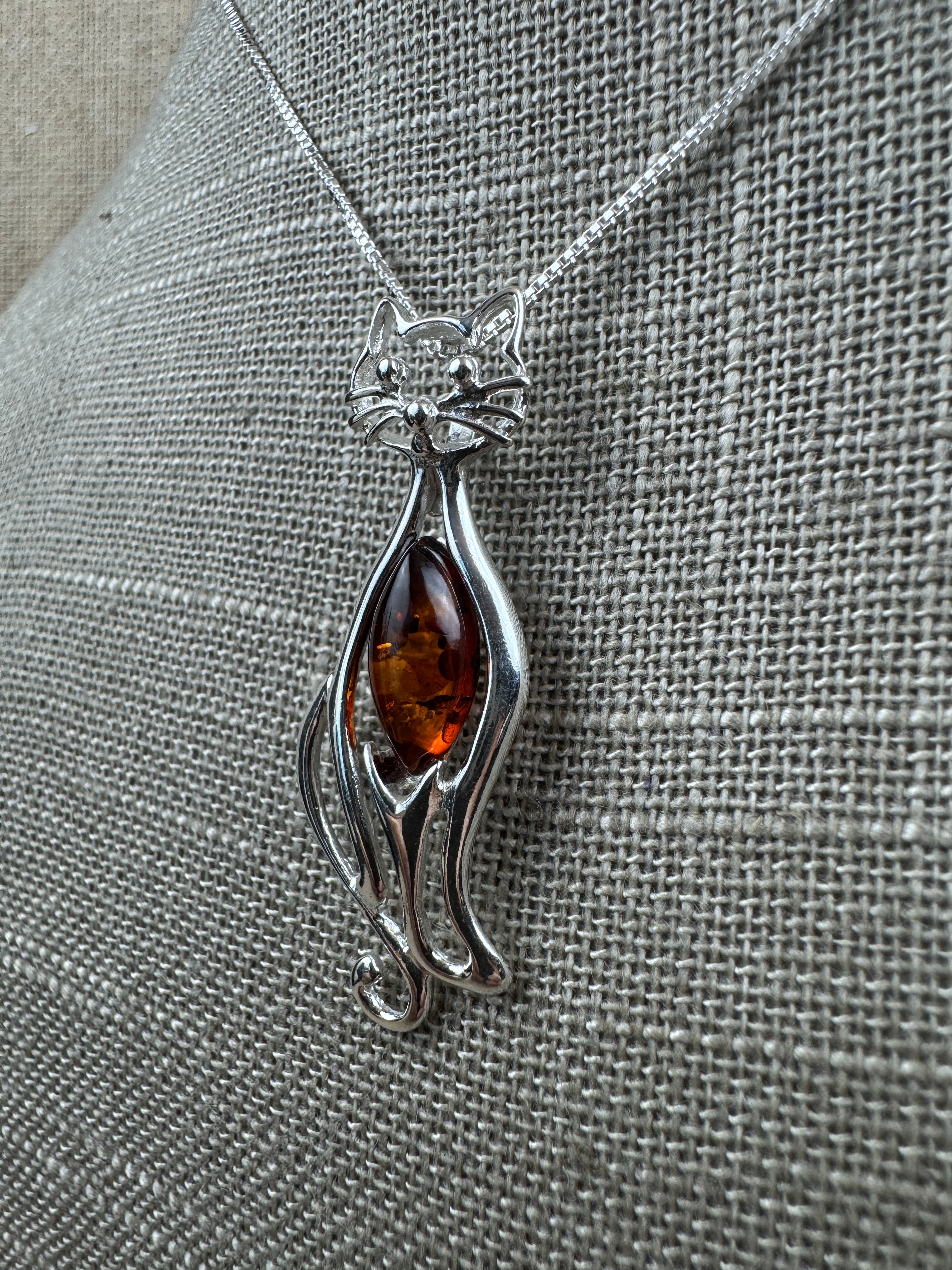 Handmade Sterling Silver Cat Pendant with Genuine Cognac Baltic Amber – Fun & Whimsical Cat Necklace