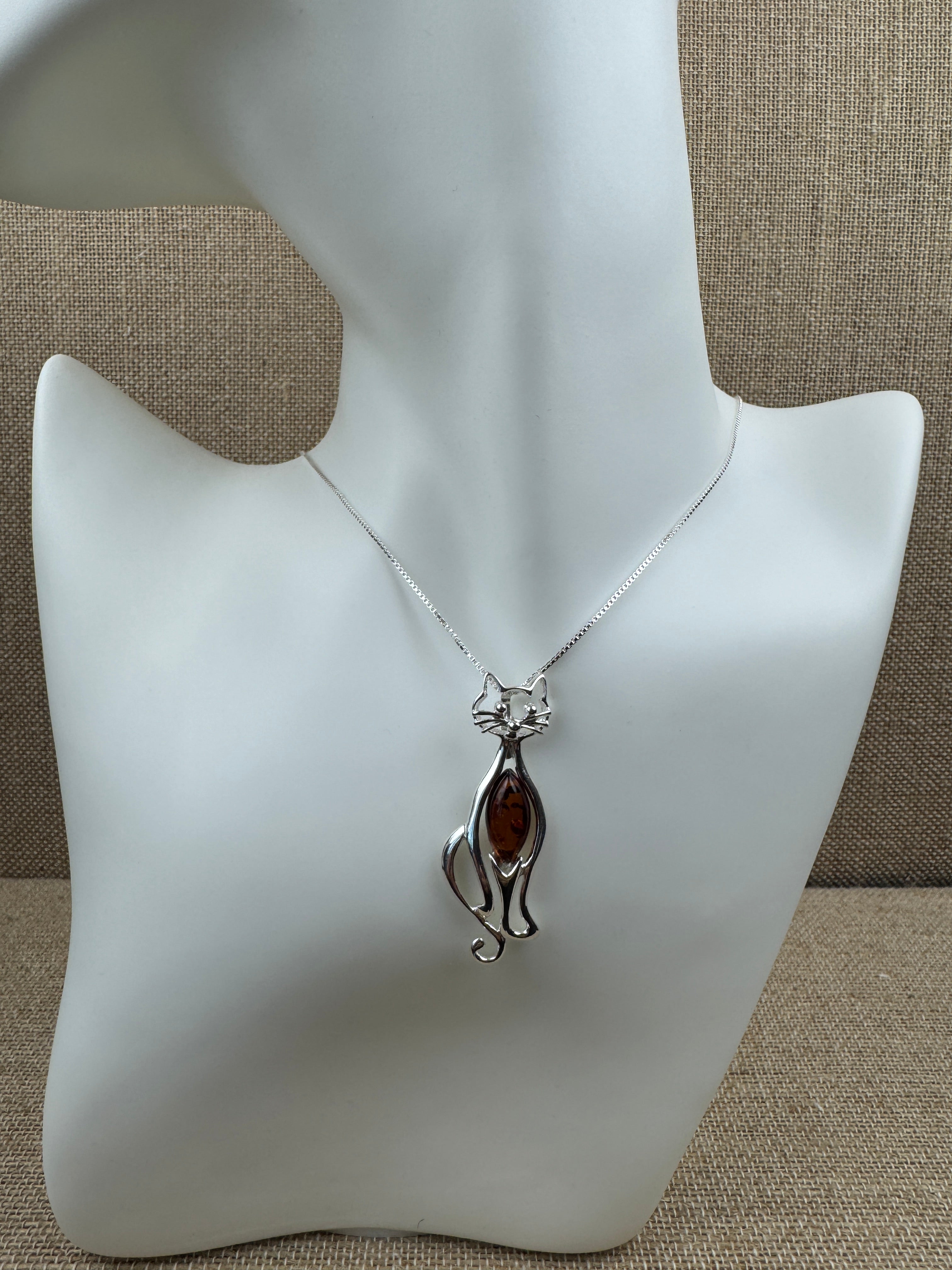 Handmade Sterling Silver Cat Pendant with Genuine Cognac Baltic Amber – Fun & Whimsical Cat Necklace