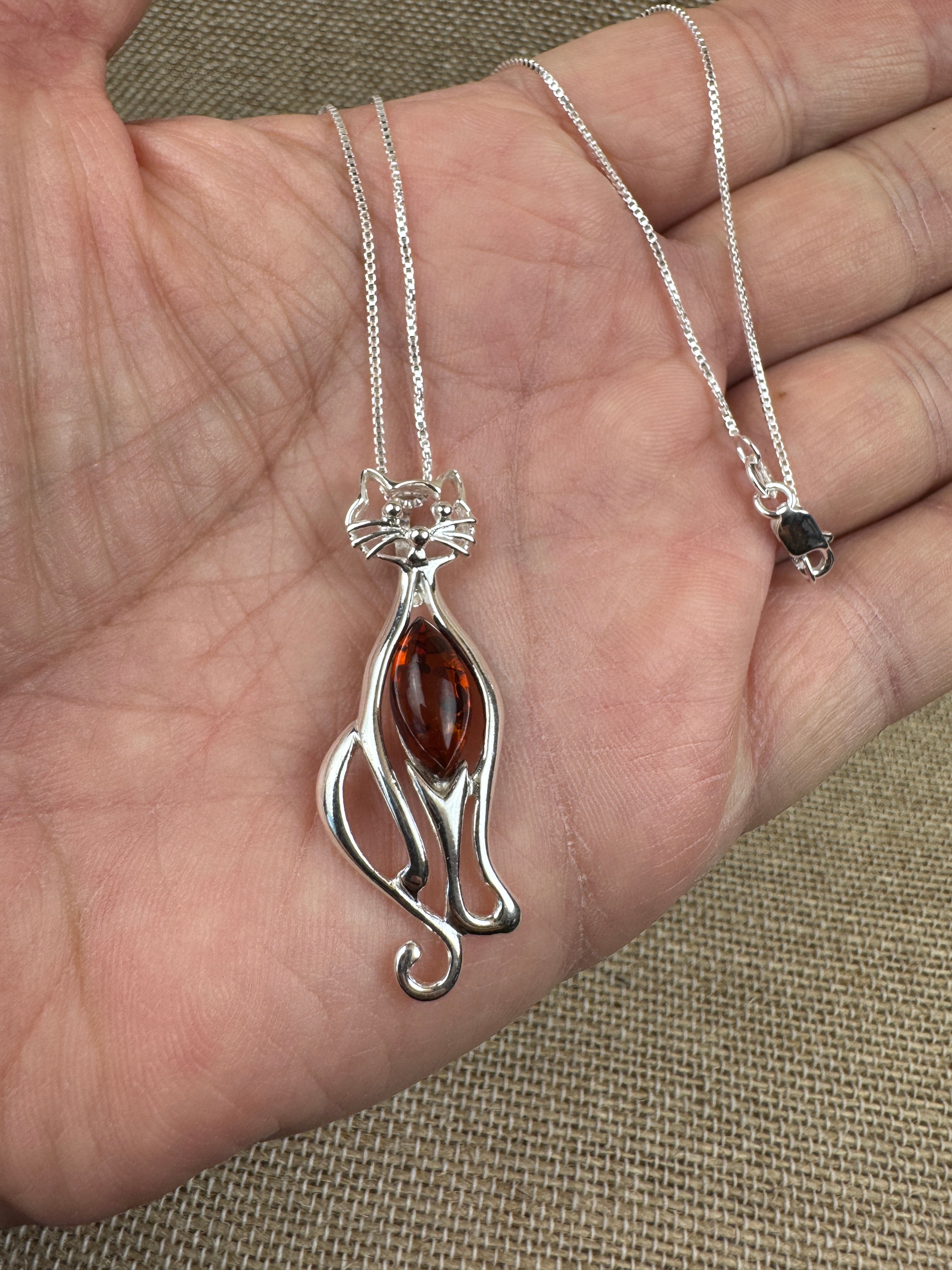 Handmade Sterling Silver Cat Pendant with Genuine Cognac Baltic Amber – Fun & Whimsical Cat Necklace
