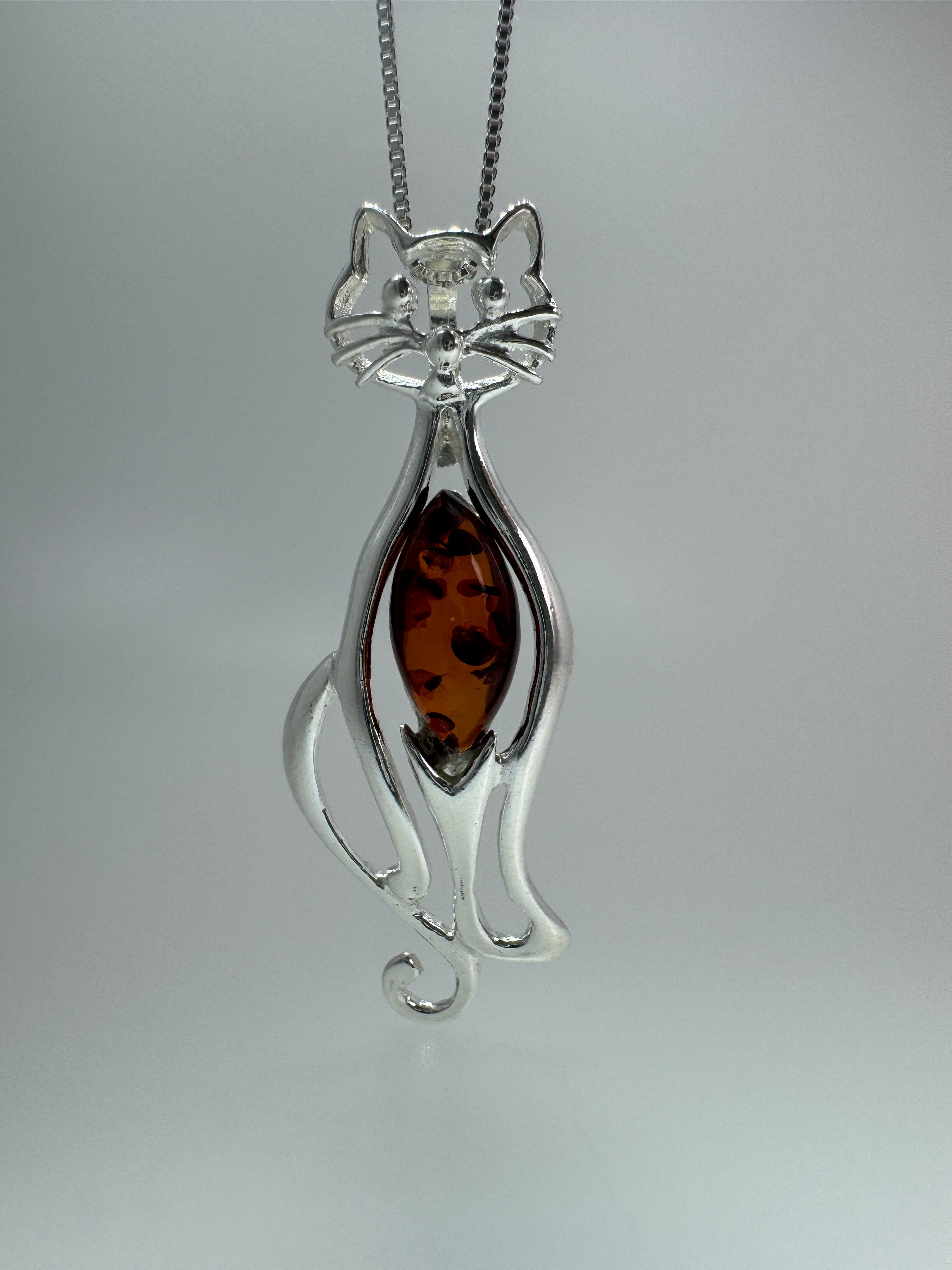 Handmade Sterling Silver Cat Pendant with Genuine Cognac Baltic Amber – Fun & Whimsical Cat Necklace