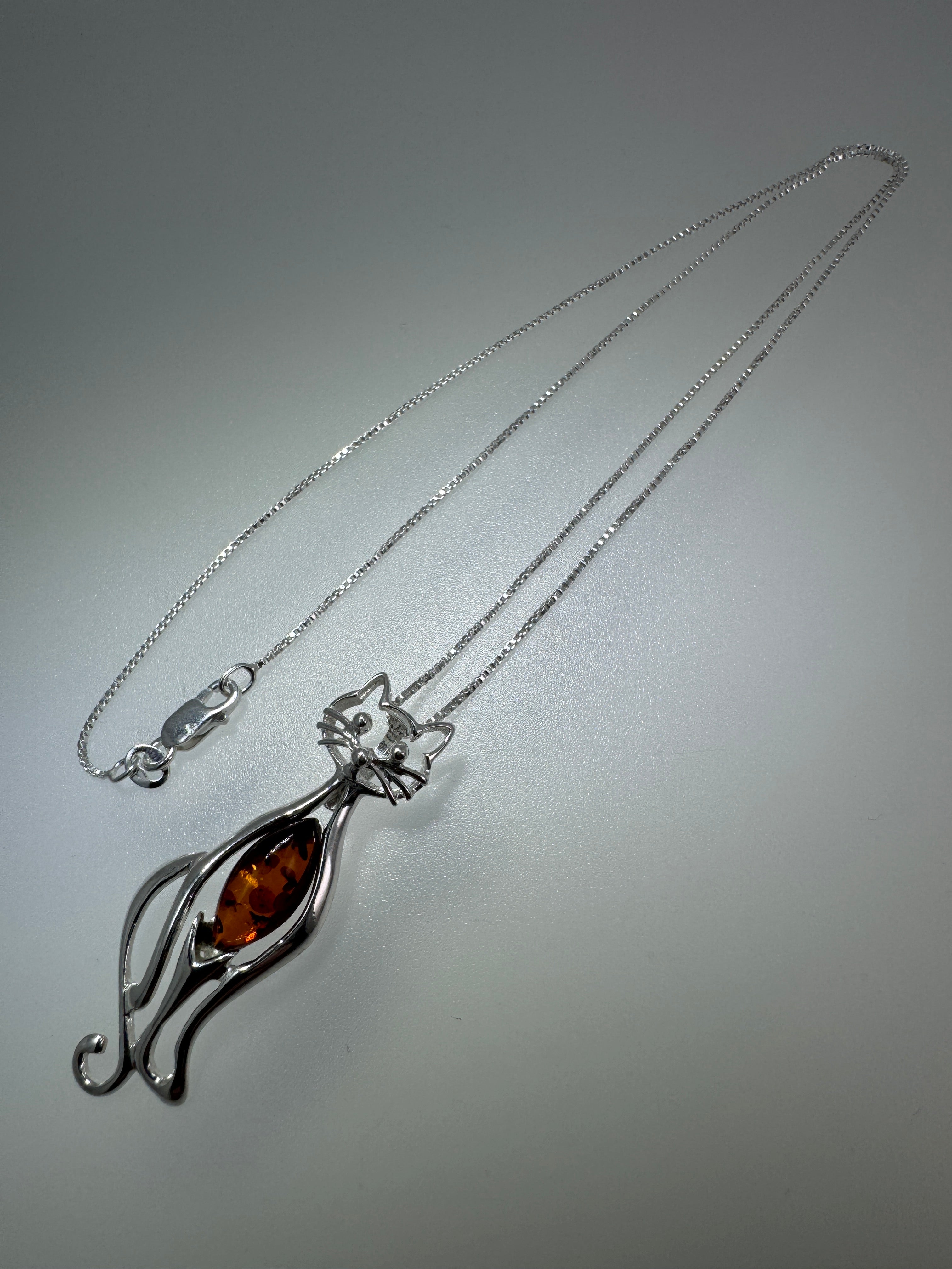 Handmade Sterling Silver Cat Pendant with Genuine Cognac Baltic Amber – Fun & Whimsical Cat Necklace