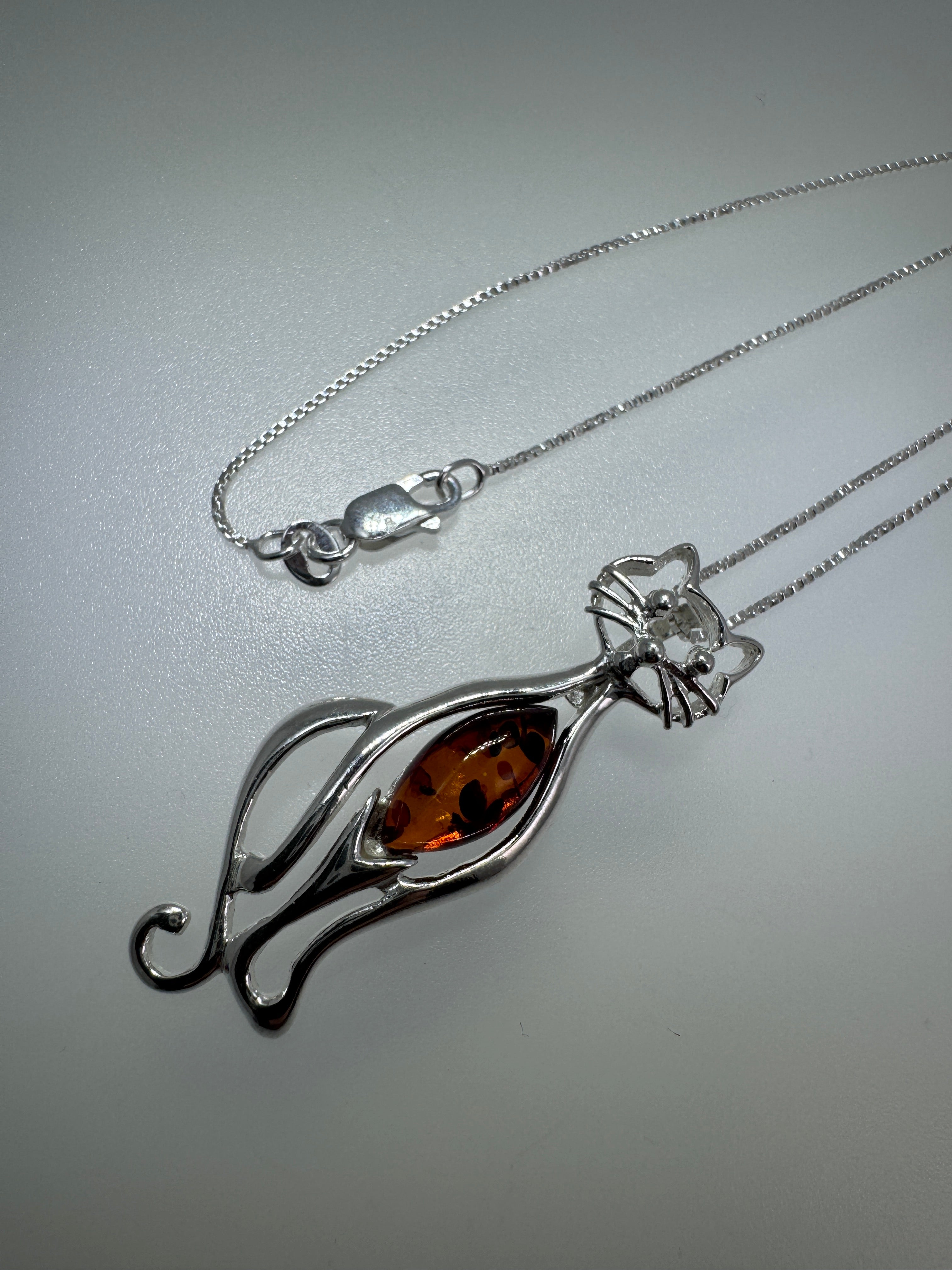 Handmade Sterling Silver Cat Pendant with Genuine Cognac Baltic Amber – Fun & Whimsical Cat Necklace