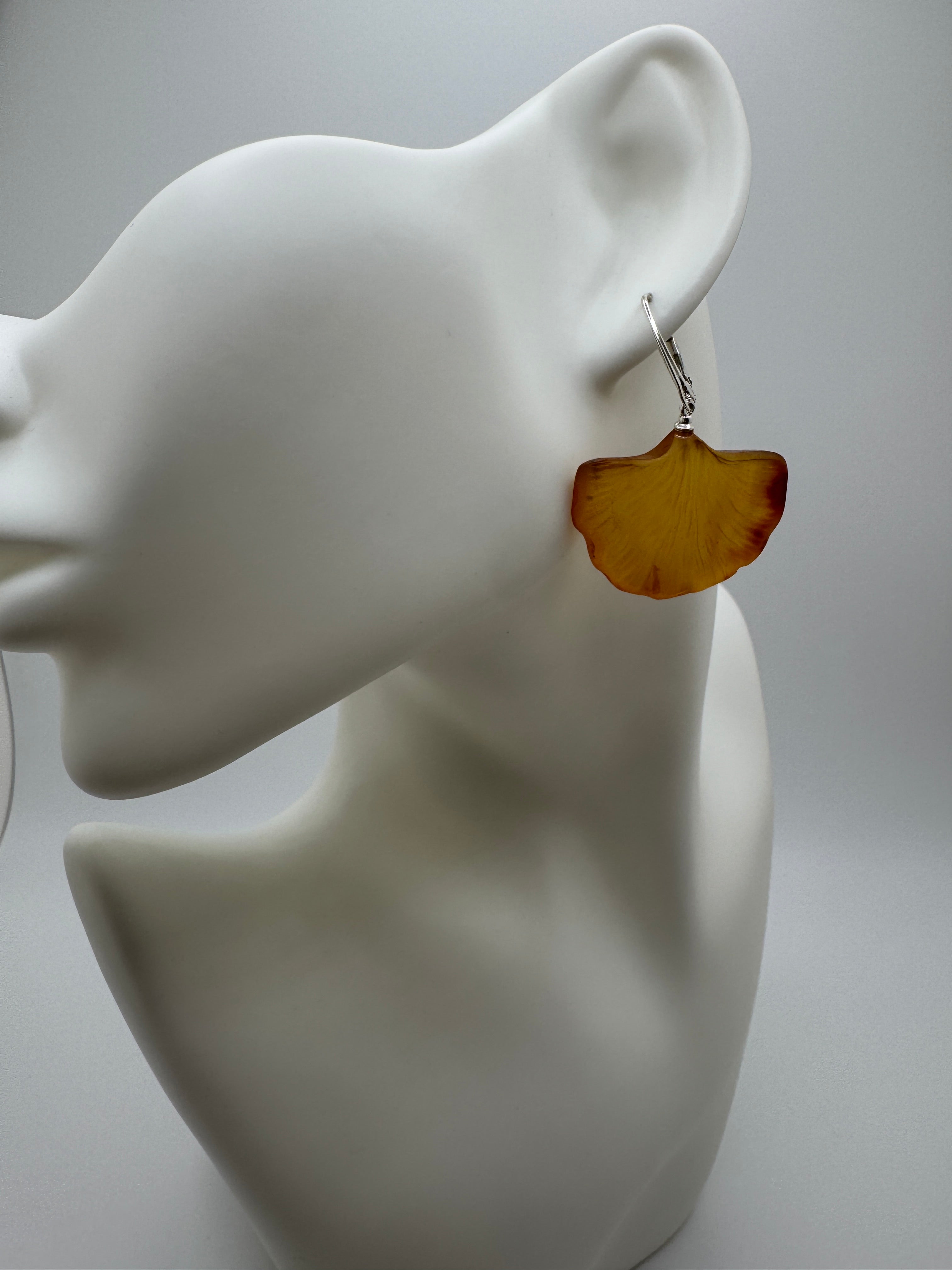 Handmade Sterling Silver Cognac Baltic Amber Ginkgo Biloba Leaf Earrings – Hand Carved Drop Lever Back