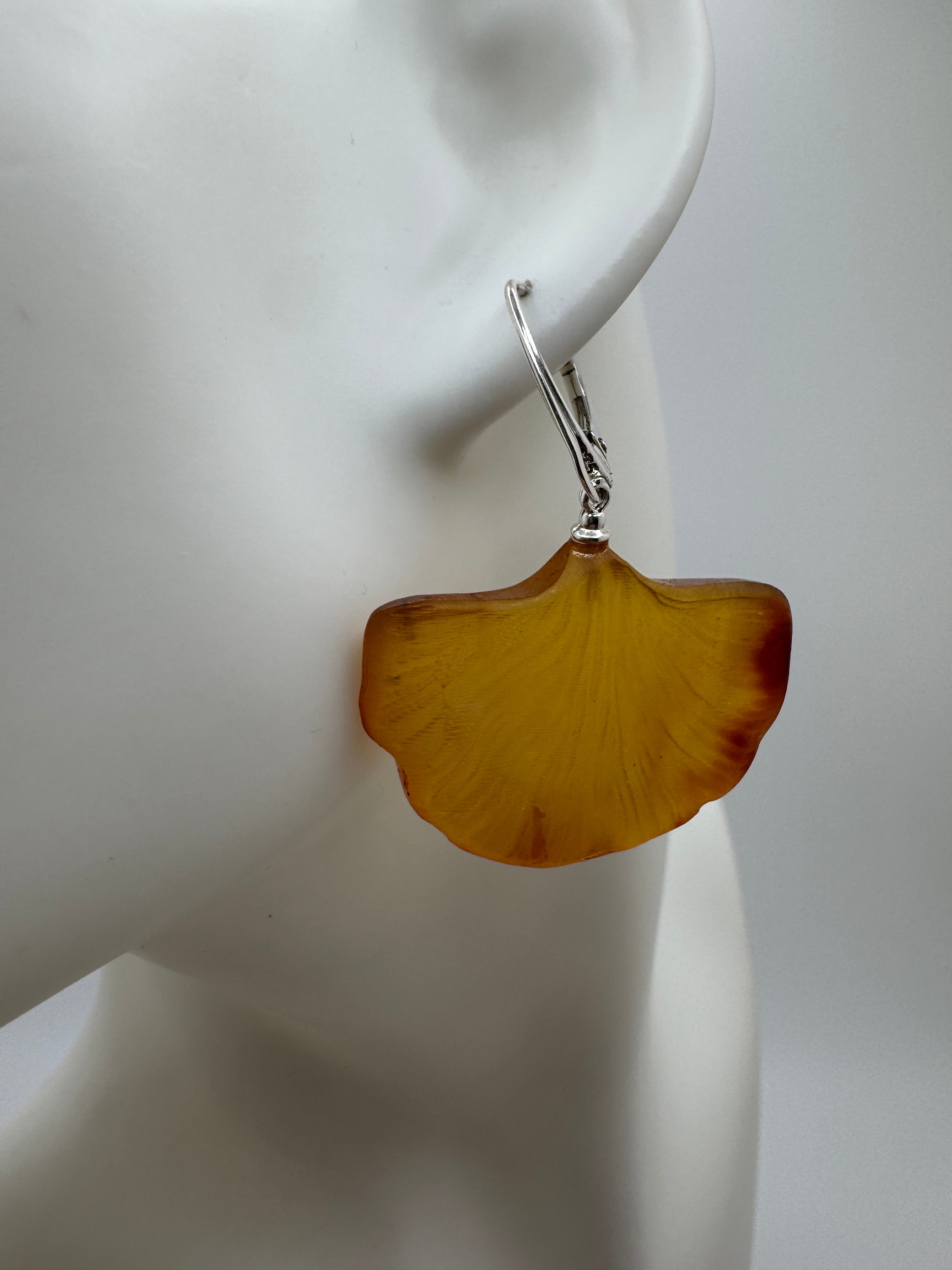 Handmade Sterling Silver Cognac Baltic Amber Ginkgo Biloba Leaf Earrings – Hand Carved Drop Lever Back