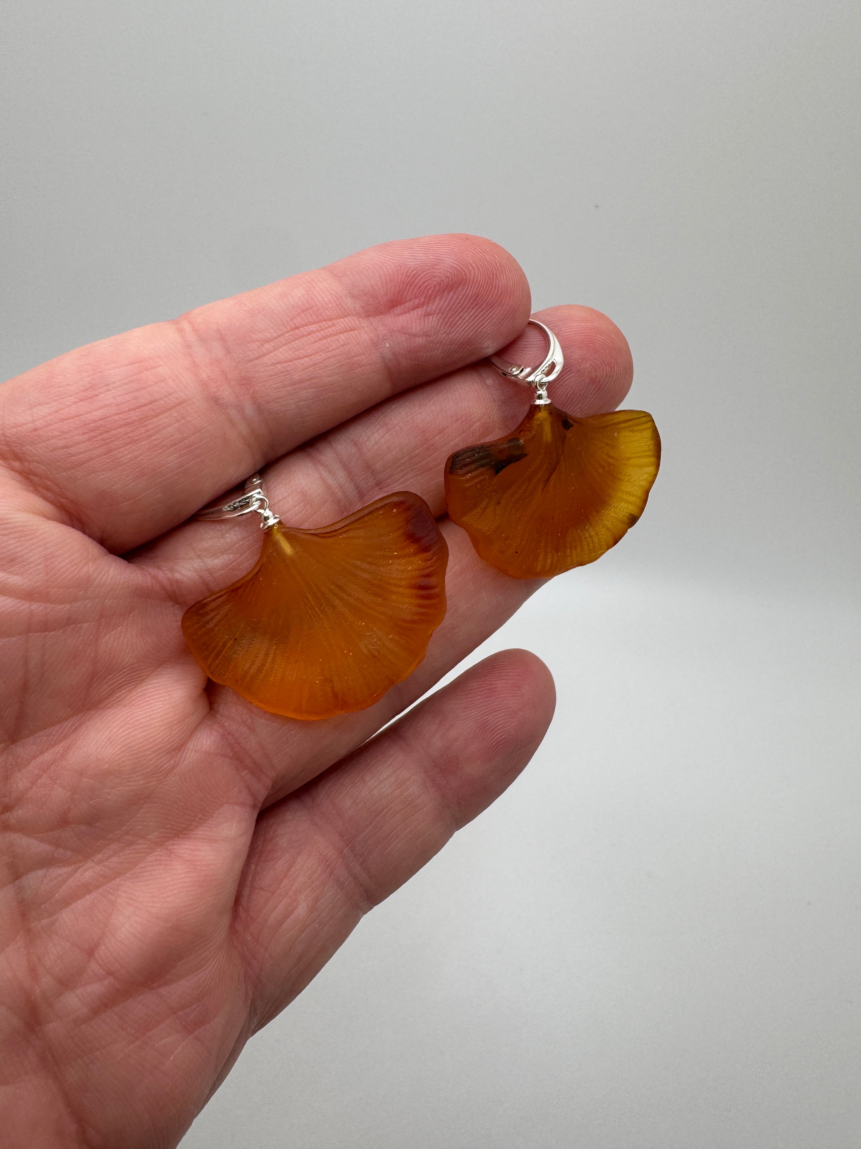 Handmade Sterling Silver Cognac Baltic Amber Ginkgo Biloba Leaf Earrings – Hand Carved Drop Lever Back