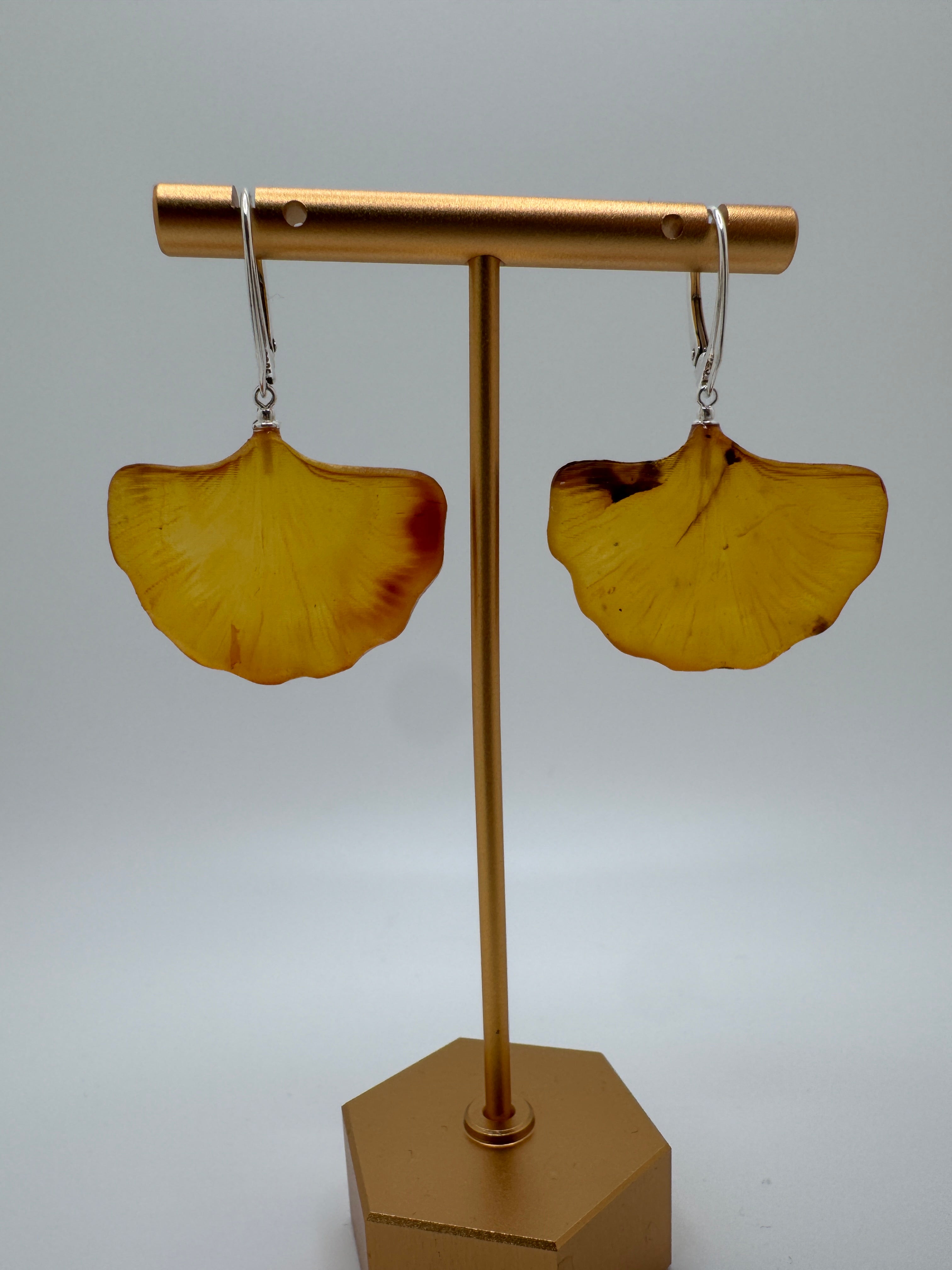 Handmade Sterling Silver Cognac Baltic Amber Ginkgo Biloba Leaf Earrings – Hand Carved Drop Lever Back