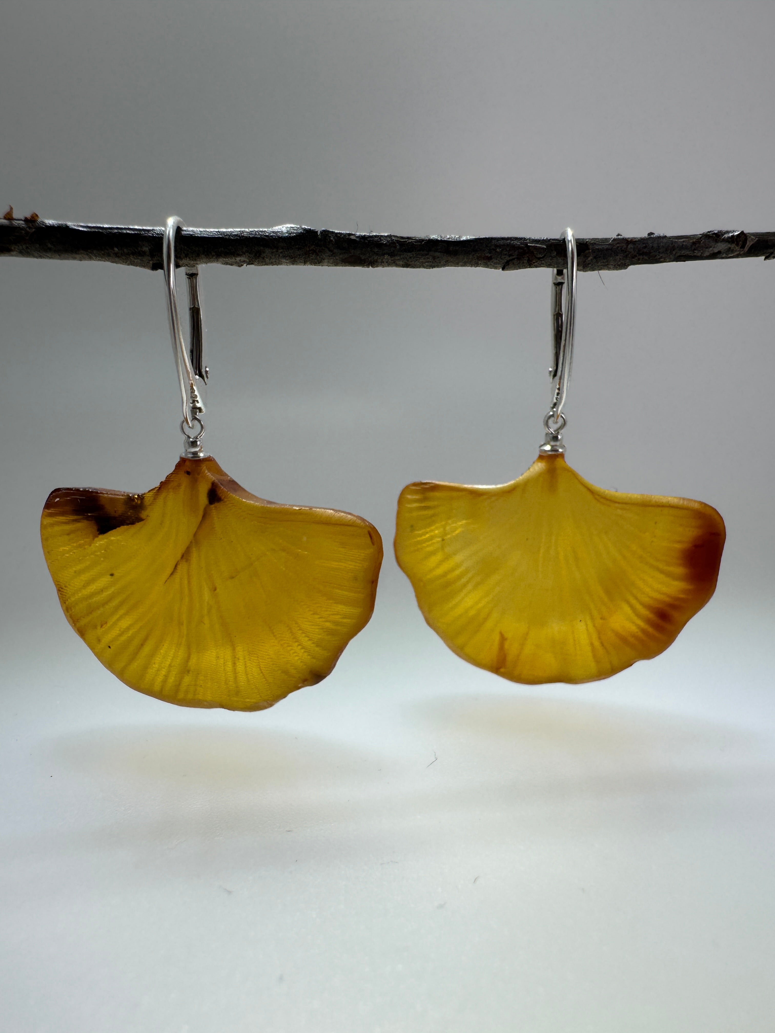 Handmade Sterling Silver Cognac Baltic Amber Ginkgo Biloba Leaf Earrings – Hand Carved Drop Lever Back