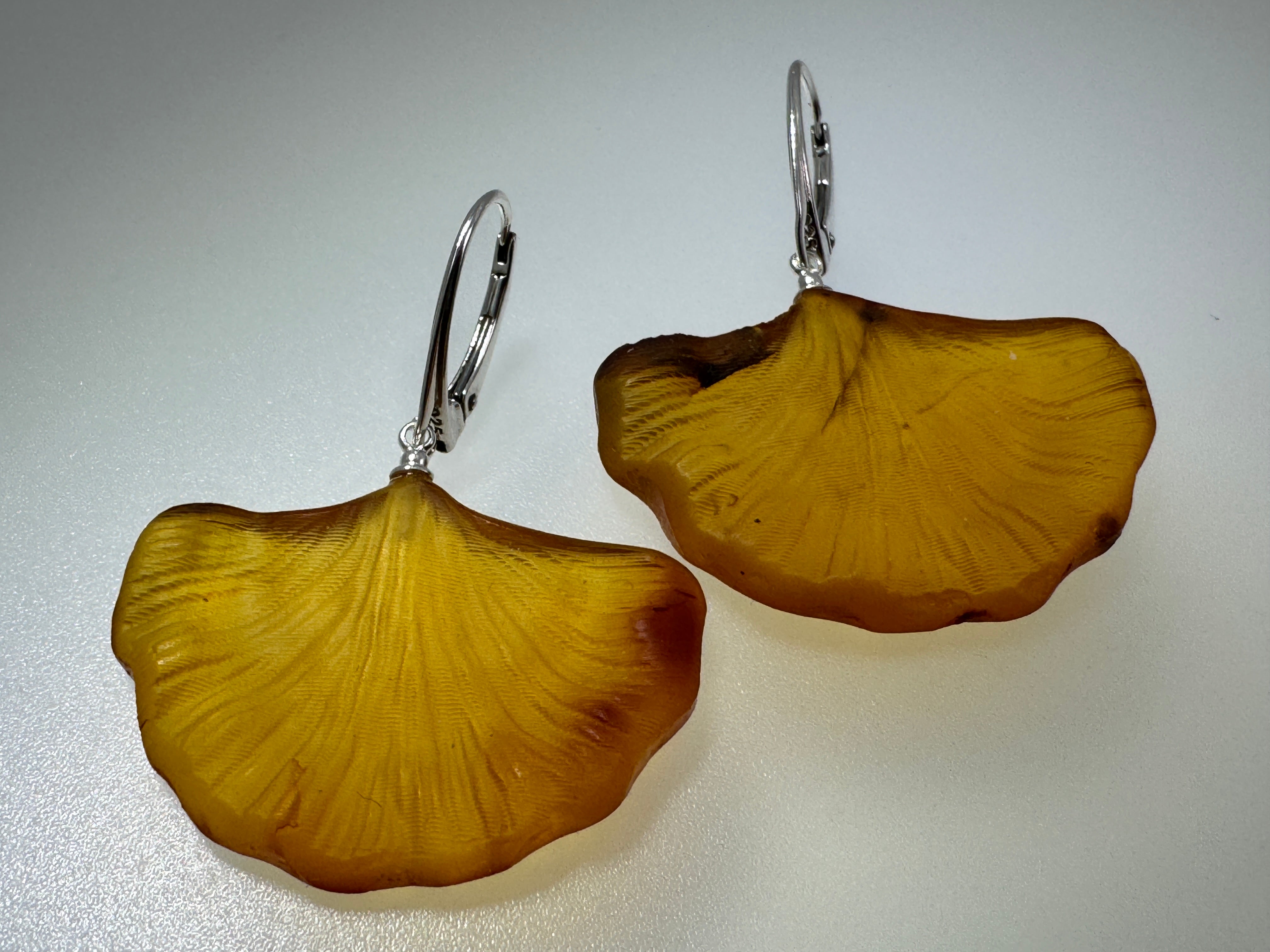 Handmade Sterling Silver Cognac Baltic Amber Ginkgo Biloba Leaf Earrings – Hand Carved Drop Lever Back