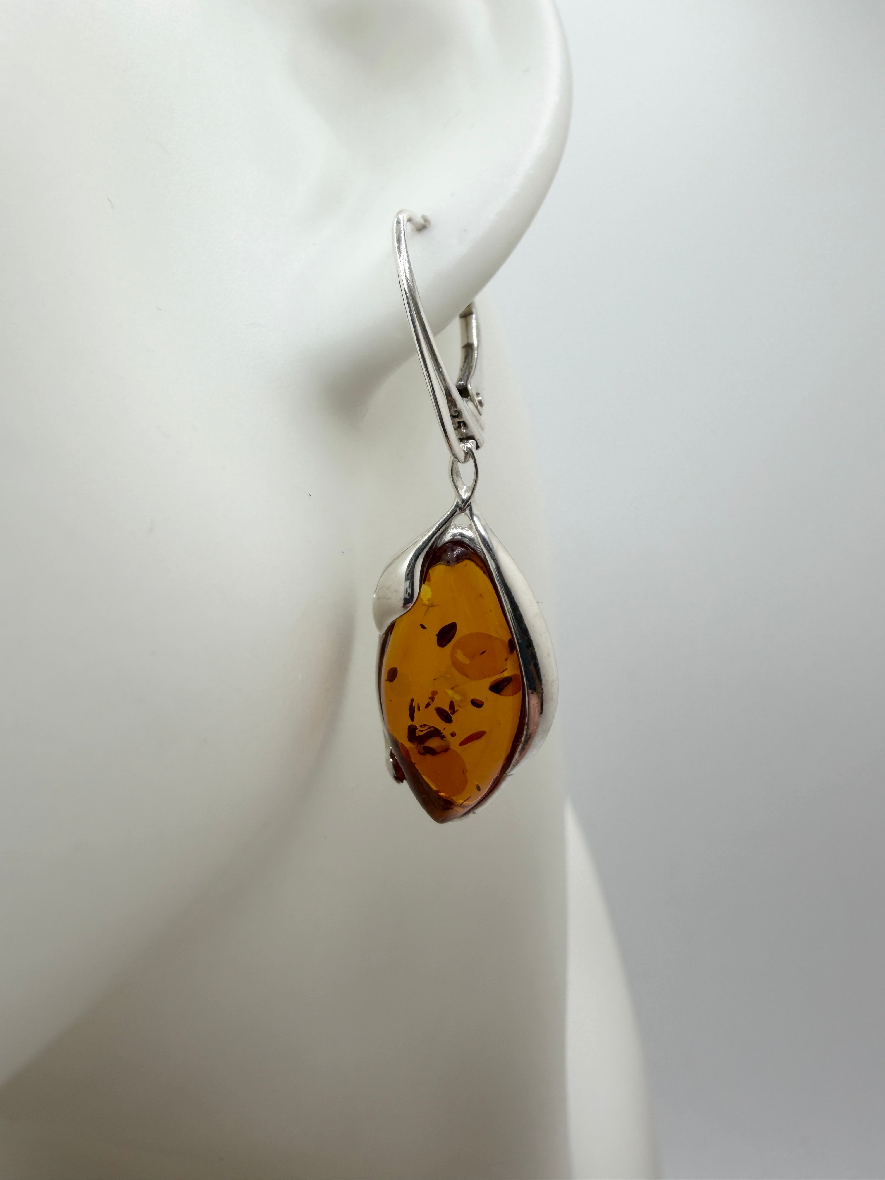 Handmade Sterling Silver Cognac Baltic Amber Marquise Drop Lever Back Earrings | Lightweight Elegant Polish Jewelry