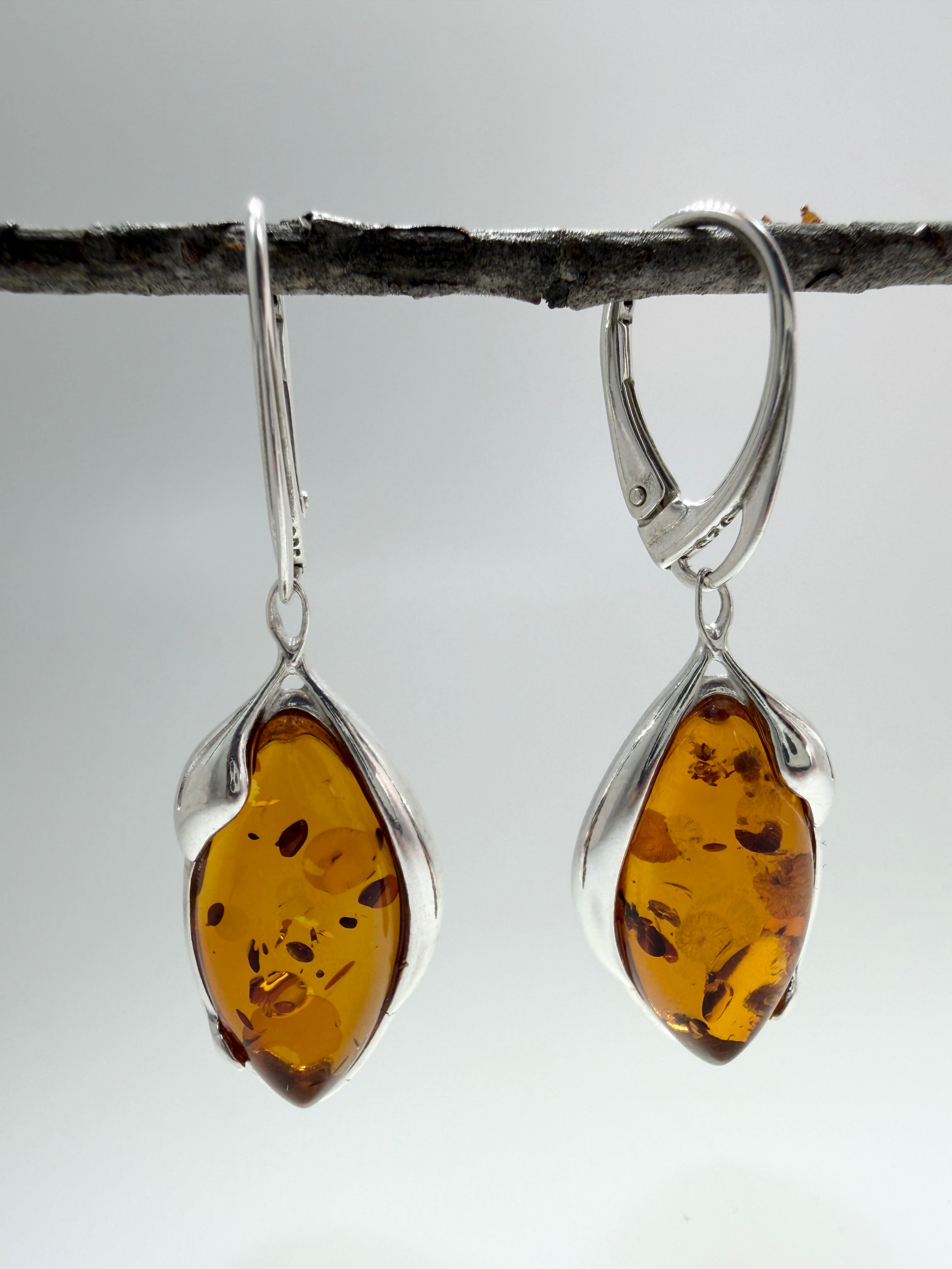 Handmade Sterling Silver Cognac Baltic Amber Marquise Drop Lever Back Earrings | Lightweight Elegant Polish Jewelry