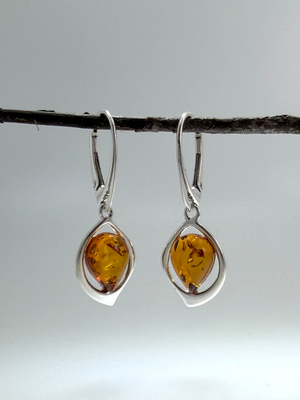 Handmade Sterling Silver Cognac Baltic Amber Marquise Drop Lever Back Earrings