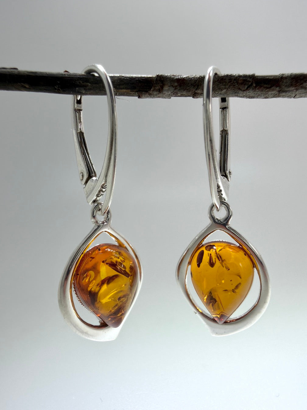 Handmade Sterling Silver Cognac Baltic Amber Marquise Drop Lever Back Earrings
