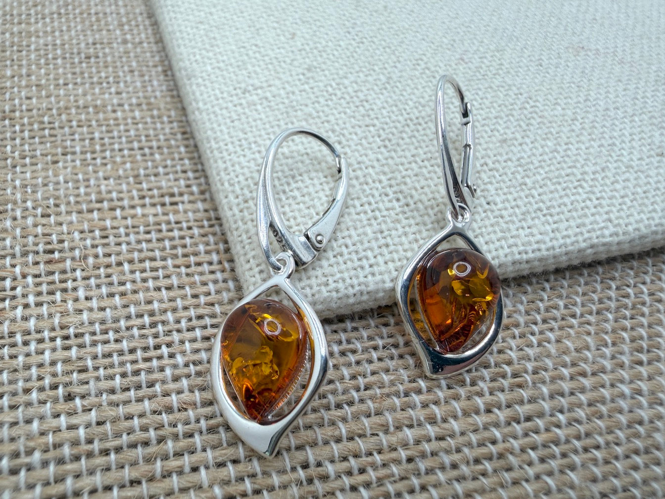 Handmade Sterling Silver Cognac Baltic Amber Marquise Drop Lever Back Earrings