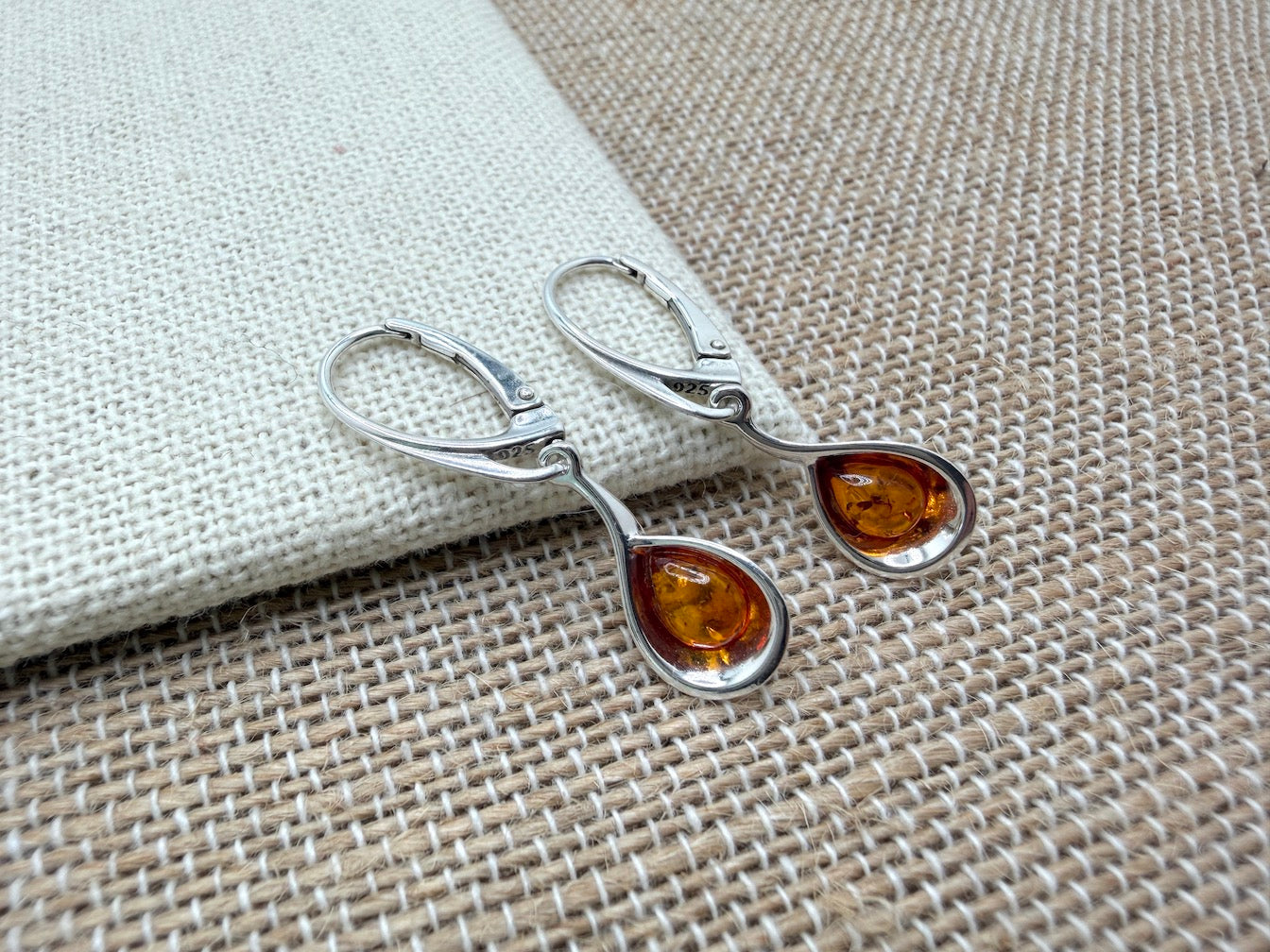 Handmade Sterling Silver Cognac Baltic Amber Oval Drop Lever Back Earrings