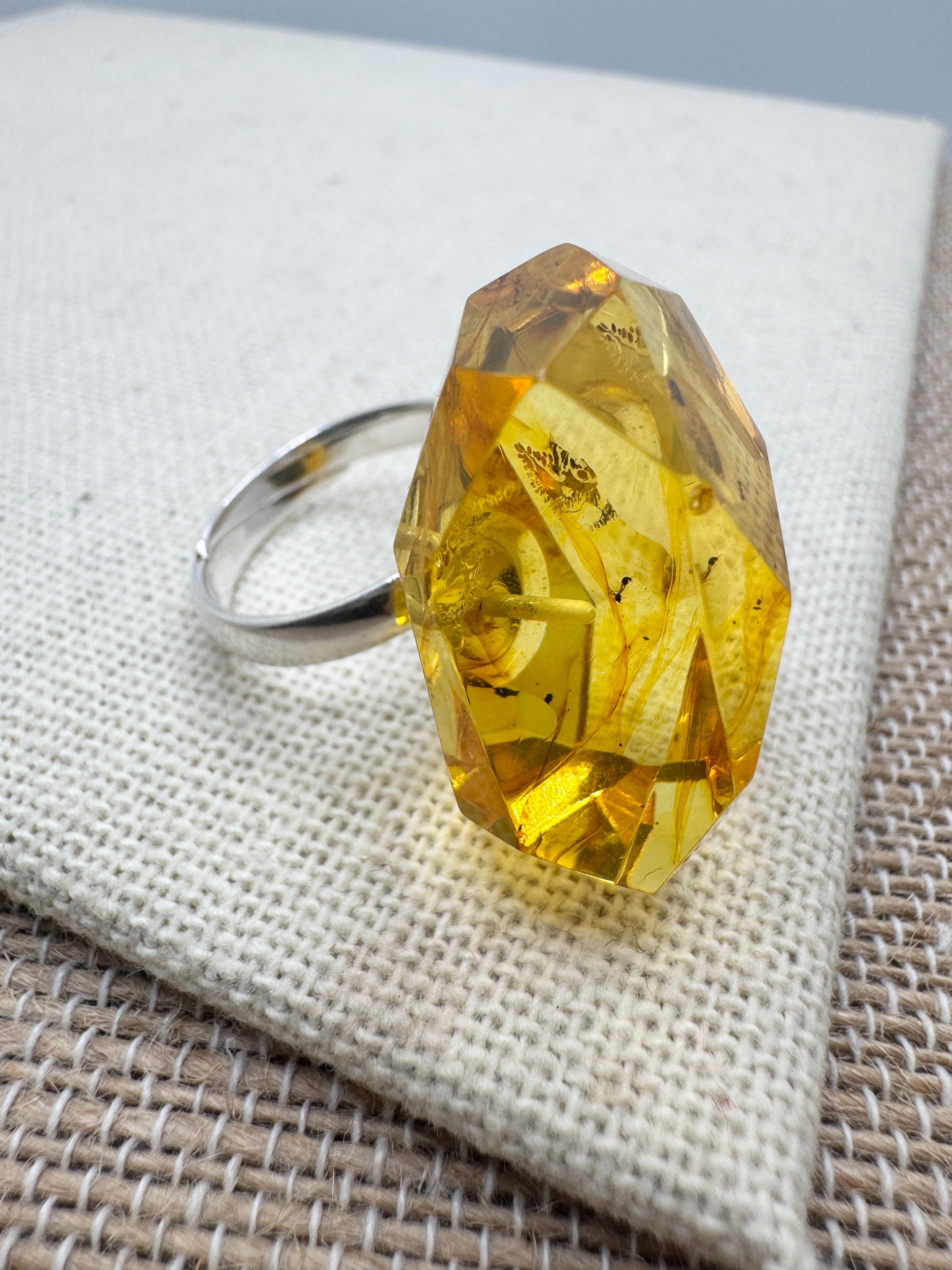 Handmade Sterling Silver Golden Lemon Baltic Amber Faceted Solitaire Ring | Adjustable Open Shank Unique Amber Jewelry