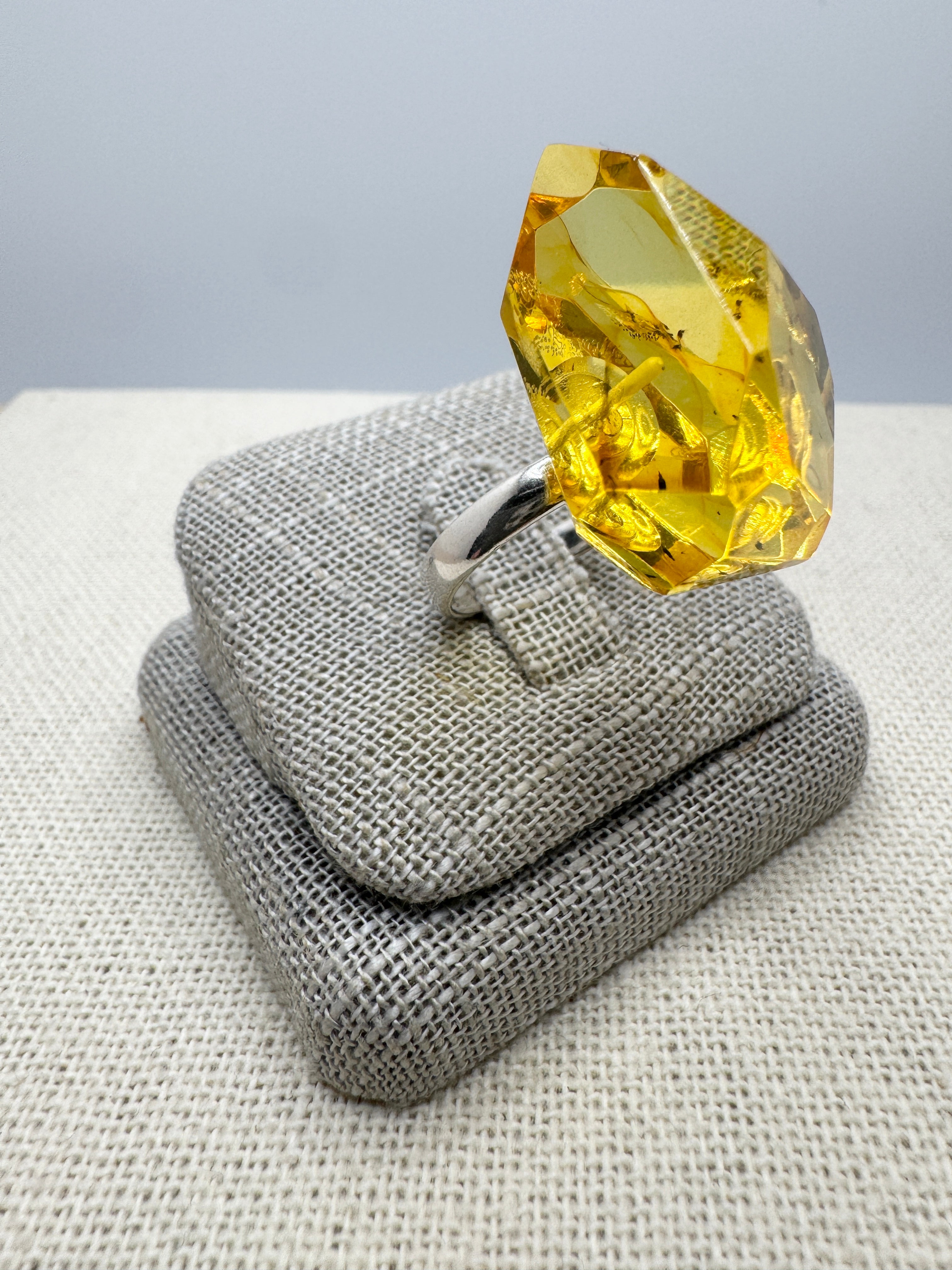Handmade Sterling Silver Golden Lemon Baltic Amber Faceted Solitaire Ring | Adjustable Open Shank Unique Amber Jewelry