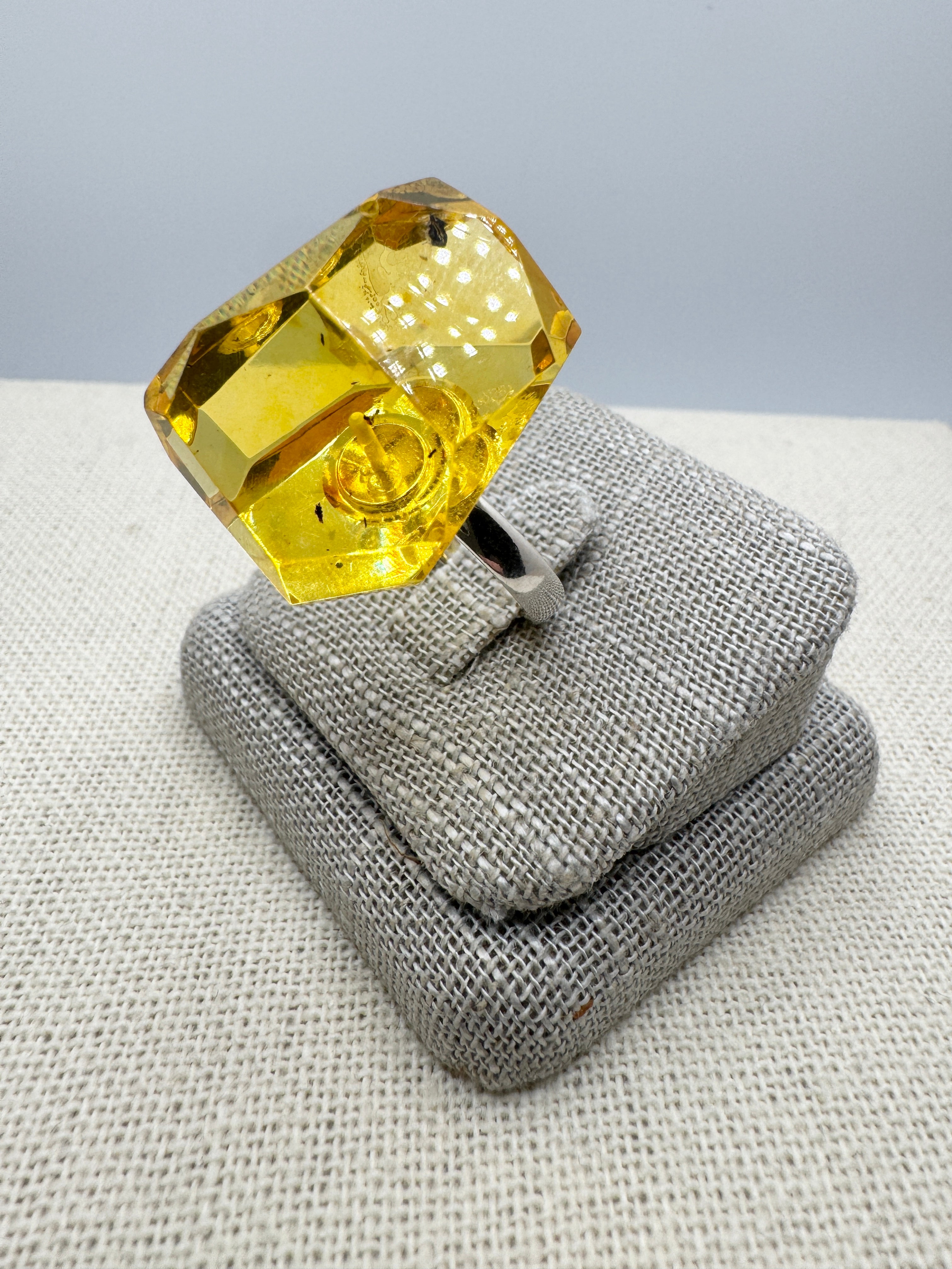 Handmade Sterling Silver Golden Lemon Baltic Amber Faceted Solitaire Ring | Adjustable Open Shank Unique Amber Jewelry