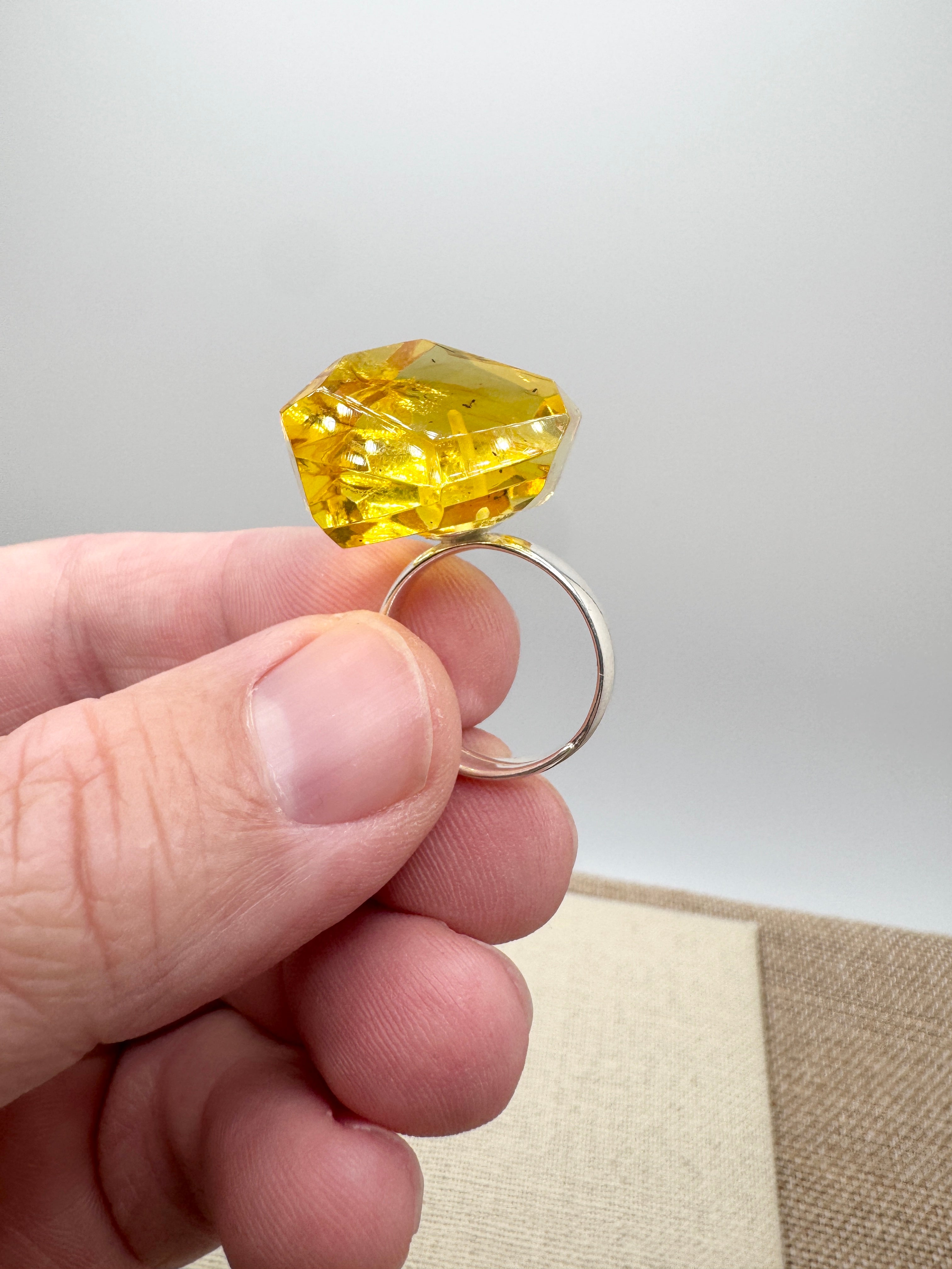 Handmade Sterling Silver Golden Lemon Baltic Amber Faceted Solitaire Ring | Adjustable Open Shank Unique Amber Jewelry