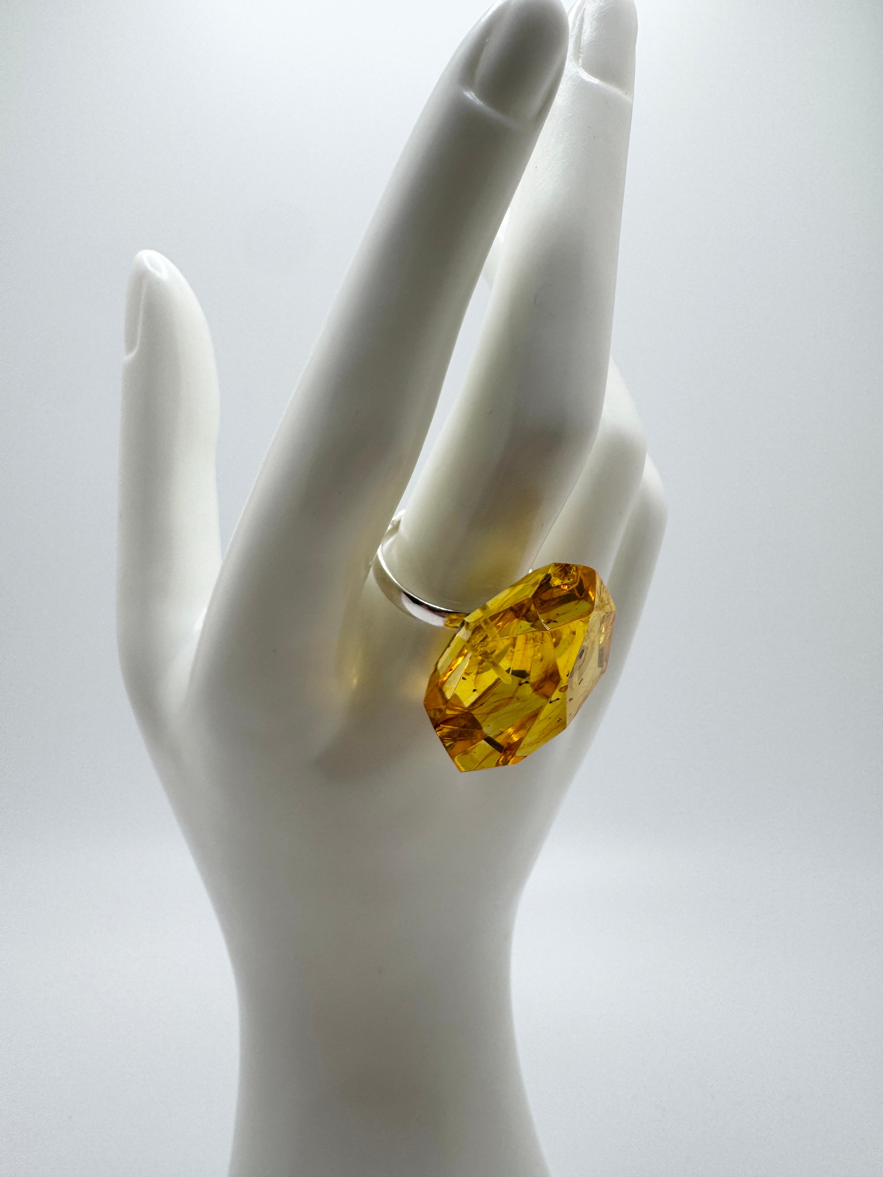 Handmade Sterling Silver Golden Lemon Baltic Amber Faceted Solitaire Ring | Adjustable Open Shank Unique Amber Jewelry