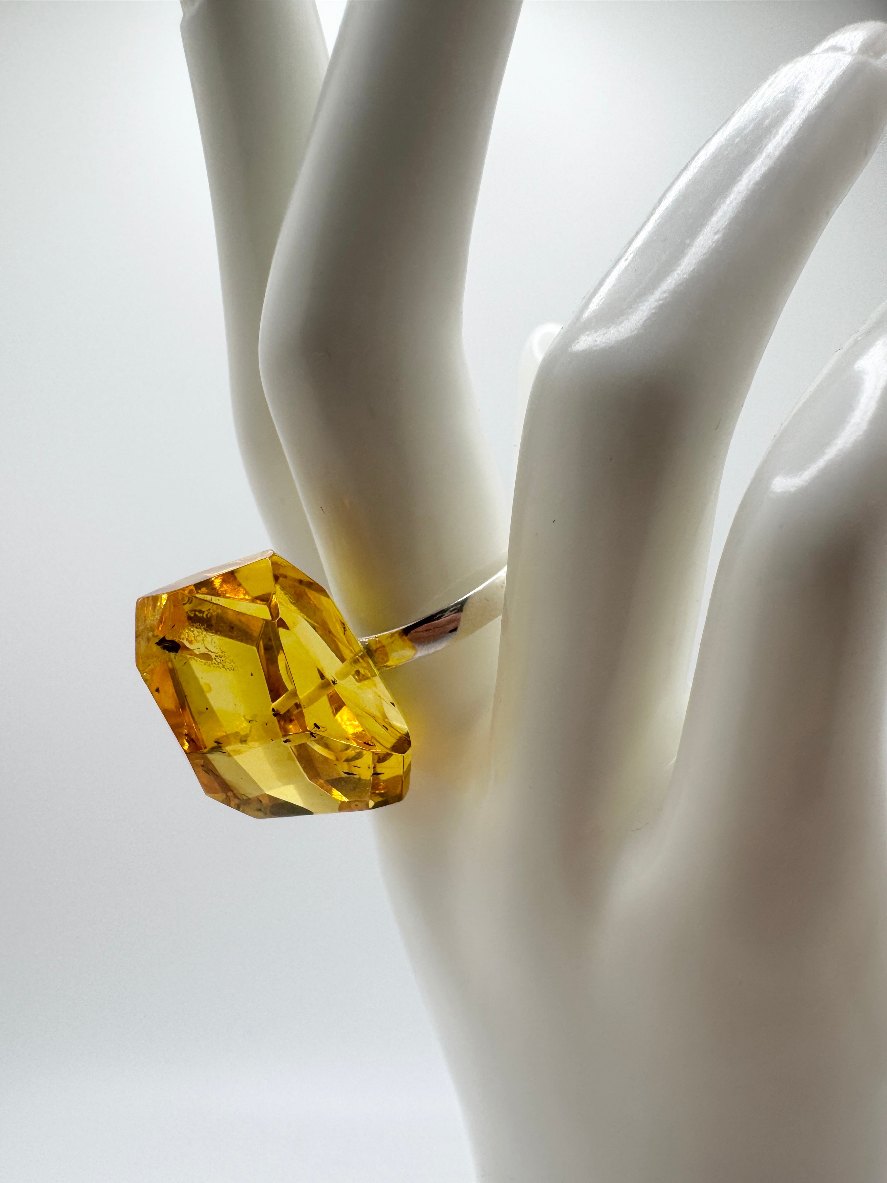 Handmade Sterling Silver Golden Lemon Baltic Amber Faceted Solitaire Ring | Adjustable Open Shank Unique Amber Jewelry